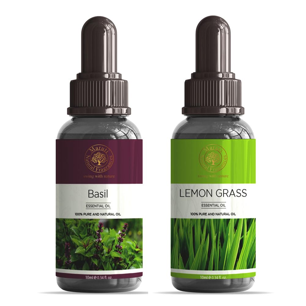 MARUTI 100% Pure Basil & Lemongrass Essential Oil Set - 10ml Each | Undiluted Therapeutic Grade for Diffusers, Aromatherapy, Skin & Hair Care | Stress Relief & Meditation Essential Oils | Cruelty-Free Natural Fragrances for Home Spa & Wellness