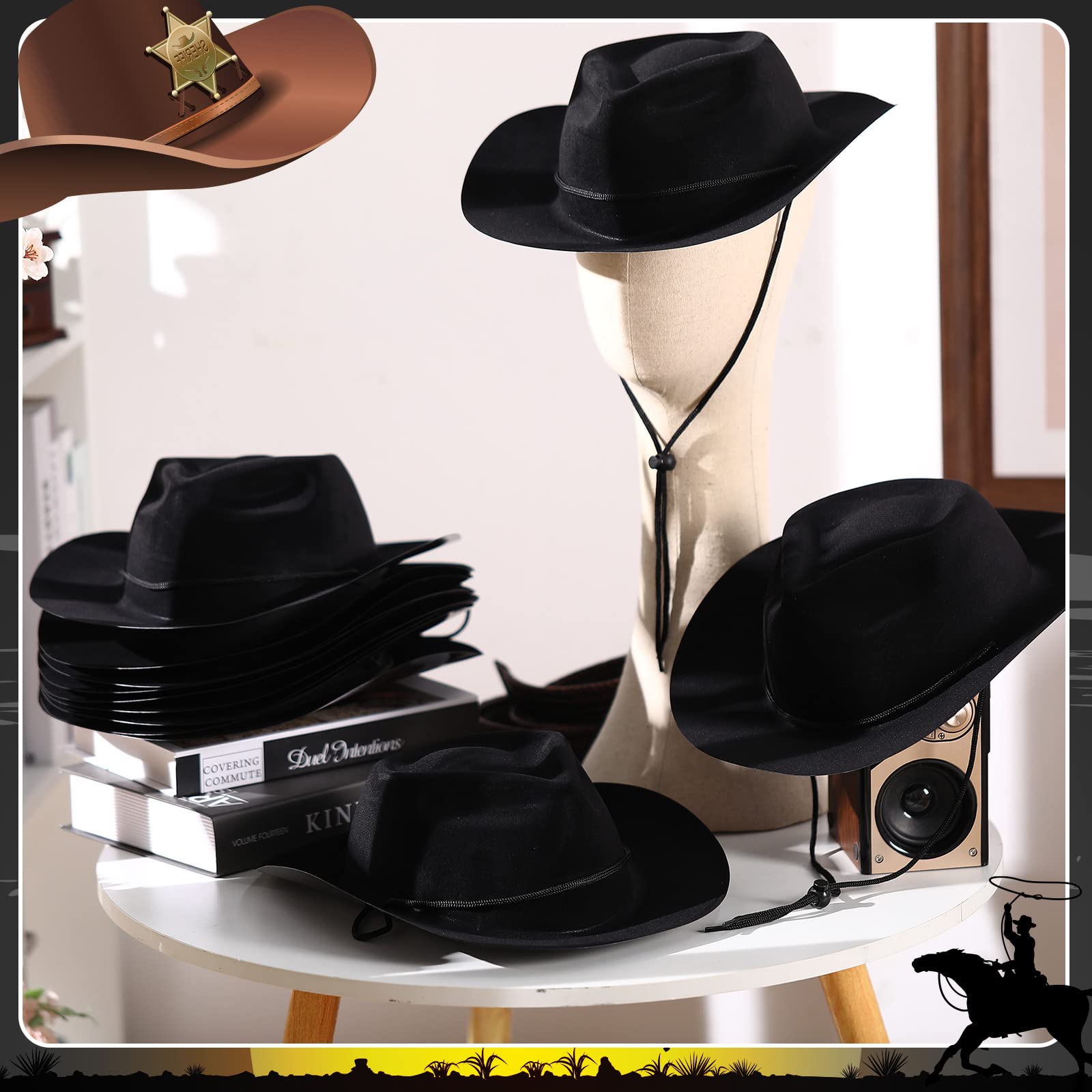 Hicarer 12-Piece Western Cowboy Hat Set - Plastic & Felt Wide Brim Cowboy Hats for Men & Women - Cowgirl Party Costume Accessories for Halloween, Rodeo, Themed Parties & Country Music Events