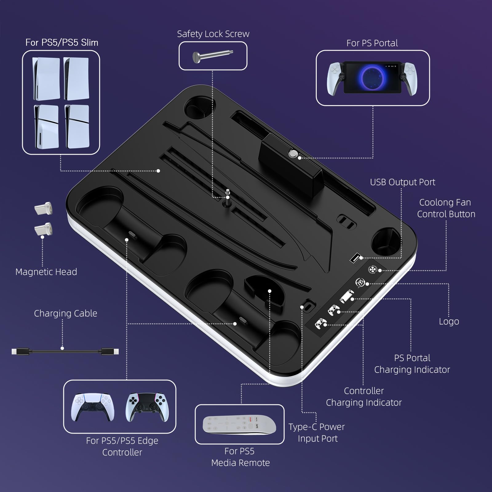 AriKroii PS5/PS5 Slim Cooling Station with Charging Dock - 3-Level Cooling Fan & Triple Device Charger for PS5 Console and PS Portal - Perfect for Gaming Setup and Multi-Device Charging Station