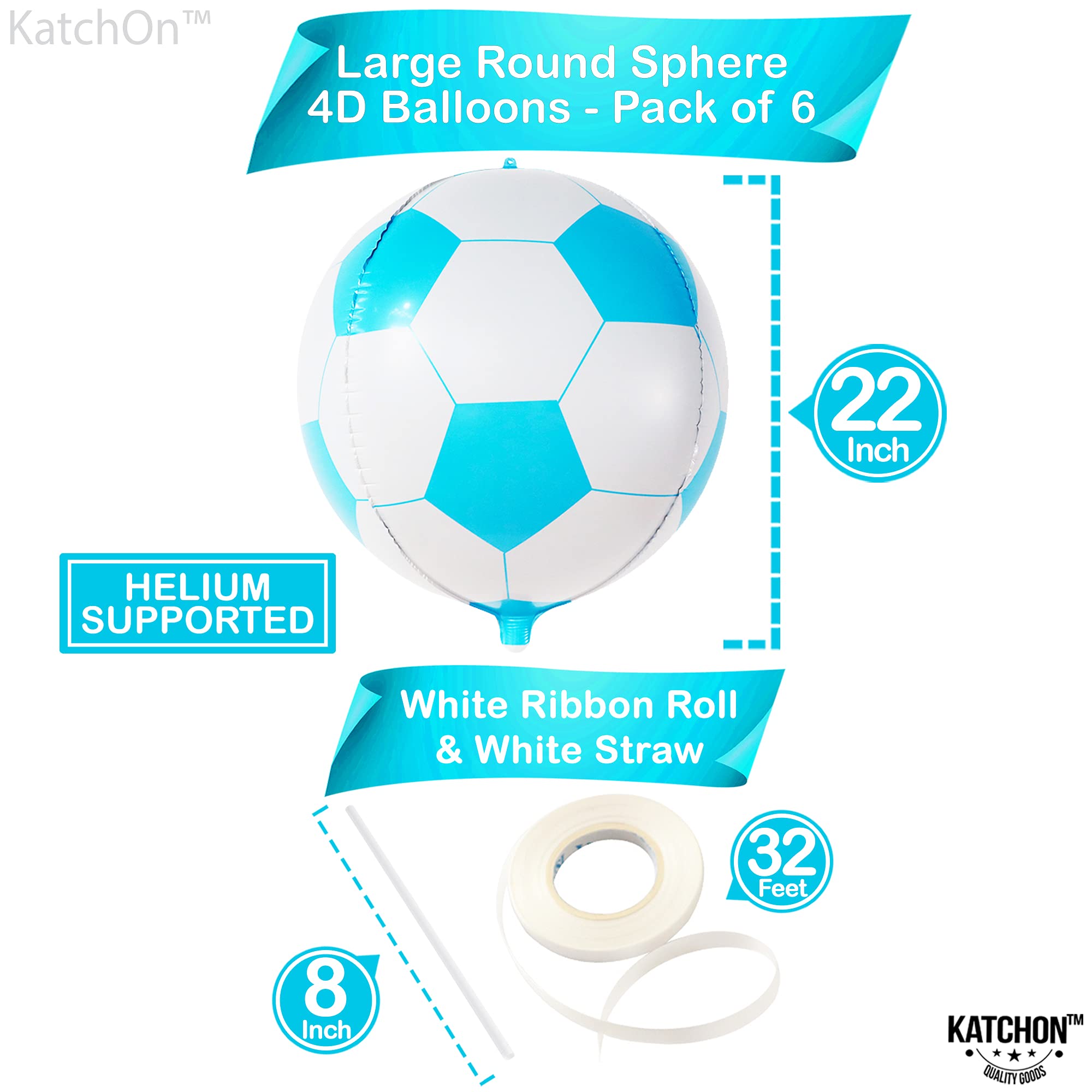 KatchOn 22 Inch Blue Soccer Balloons - Pack of 6 | Mylar Blue & White Soccer Ball Decorations for Gender Reveal, Baby Shower & Sports Themed Parties | Perfect for Birthday Celebrations, Team Events & Soccer Party Decor