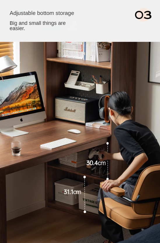 Premium Black Walnut Solid Wood Storage Cabinet with Integrated Office Desk - Modern Light Luxury Style for Home Office & Living Room Organization