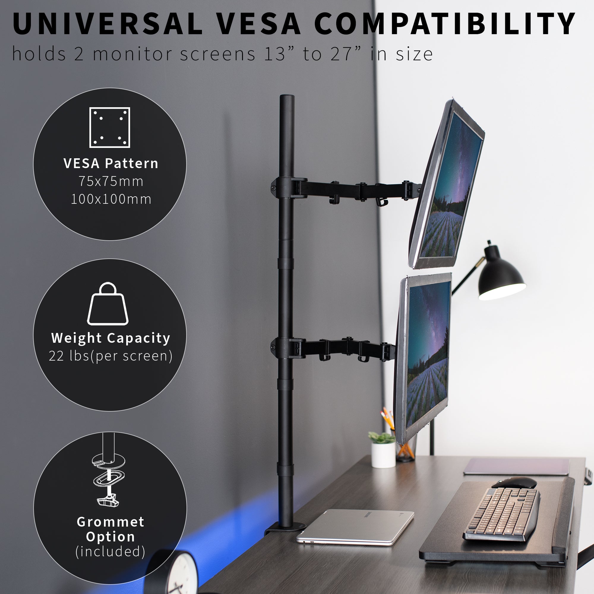 Vertical Dual Monitor Stand for 13” to 27” Screens - Extra Tall Adjustable Desk Mount for Home Office & Gaming Setup