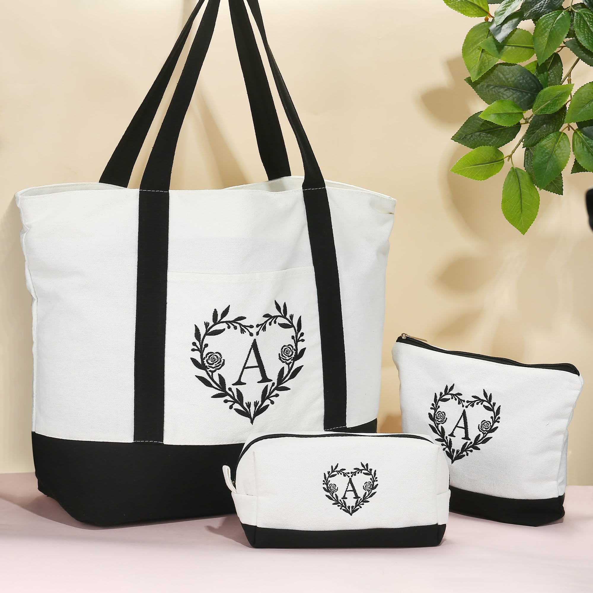 YOOLIFE Personalized Initial Tote Bag & Makeup Bag Set - Christmas Birthday Gifts for Women, Mom, Teacher, Friend, Daughter | Perfect for Travel, Work, School & Everyday Use
