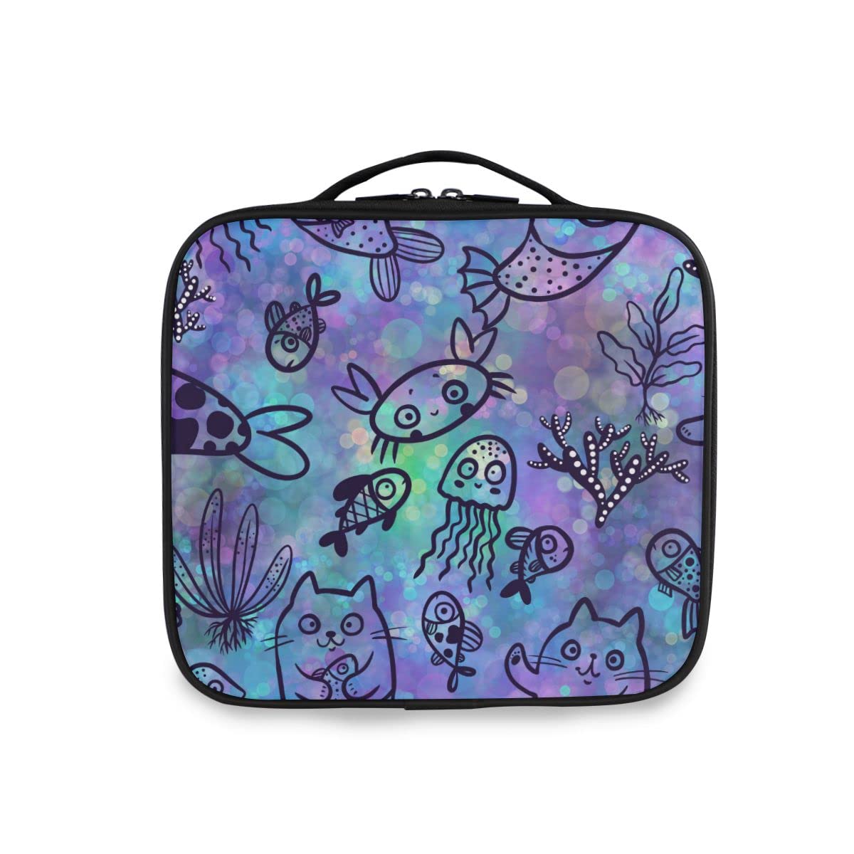 Mermaid & Cats Jellyfish Fish Makeup Bag Organizer - Travel Cosmetic Train Case with Dividers for Women & Girls - Perfect for Travel, Gym, and Daily Makeup Storage