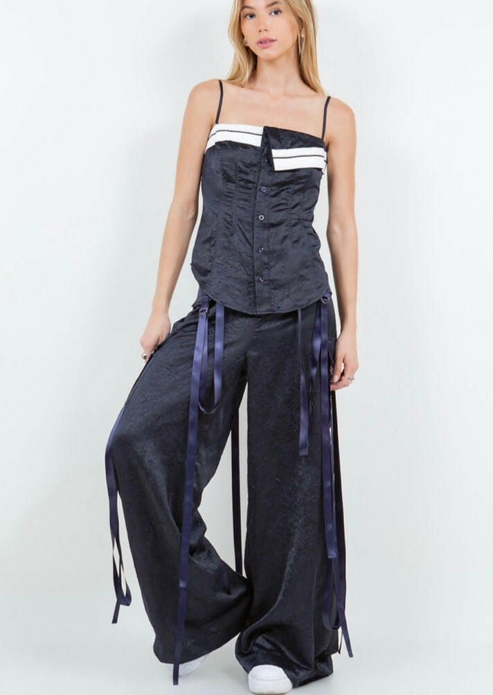 Elegant Satin Crinkle Multi-Strap Trousers for Women - High Waisted Wide Leg Pants for Party, Office & Evening Wear