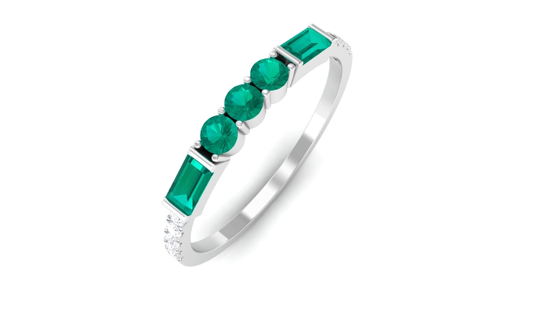 1/2 CT Emerald and Diamond Ring - 14K Solid Gold Round & Baguette May Birthstone Ring for Women | Elegant Half Eternity Band for Anniversary, Engagement & Special Occasions