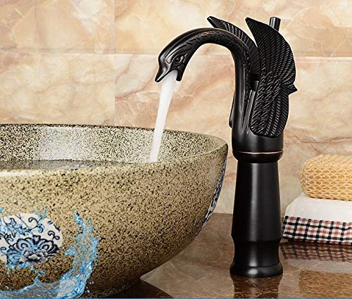 Black Matte Single Handle Swan Neck Vessel Sink Faucet for Bathroom Vanity - Modern Waterfall Spout Design for Powder Room, Guest Bath, and Master Suite