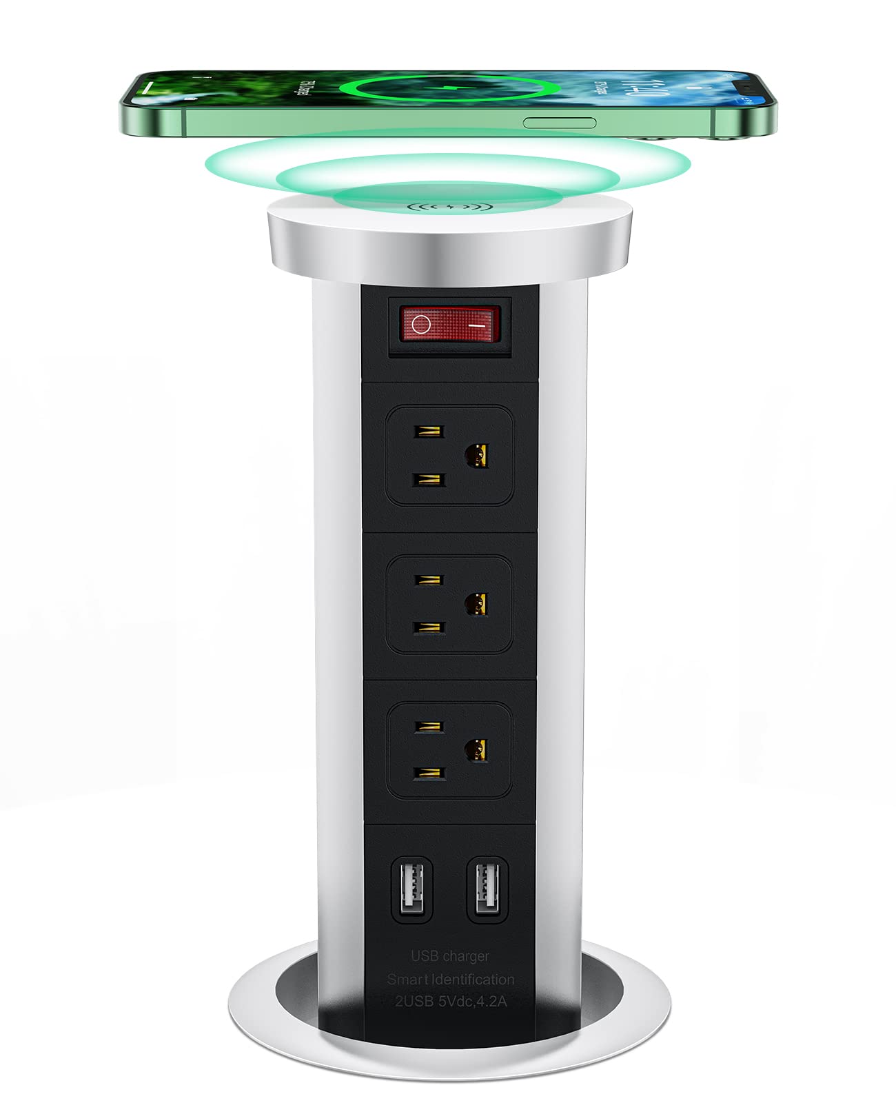 Pop Up Outlet Wireless Charger with 3 AC Outlets & 2 USB Ports - Automatic Recessed Power Outlet for Kitchen Countertop, Office Desk & Conference Room - Black | Space-Saving Charging Solution for Home & Work