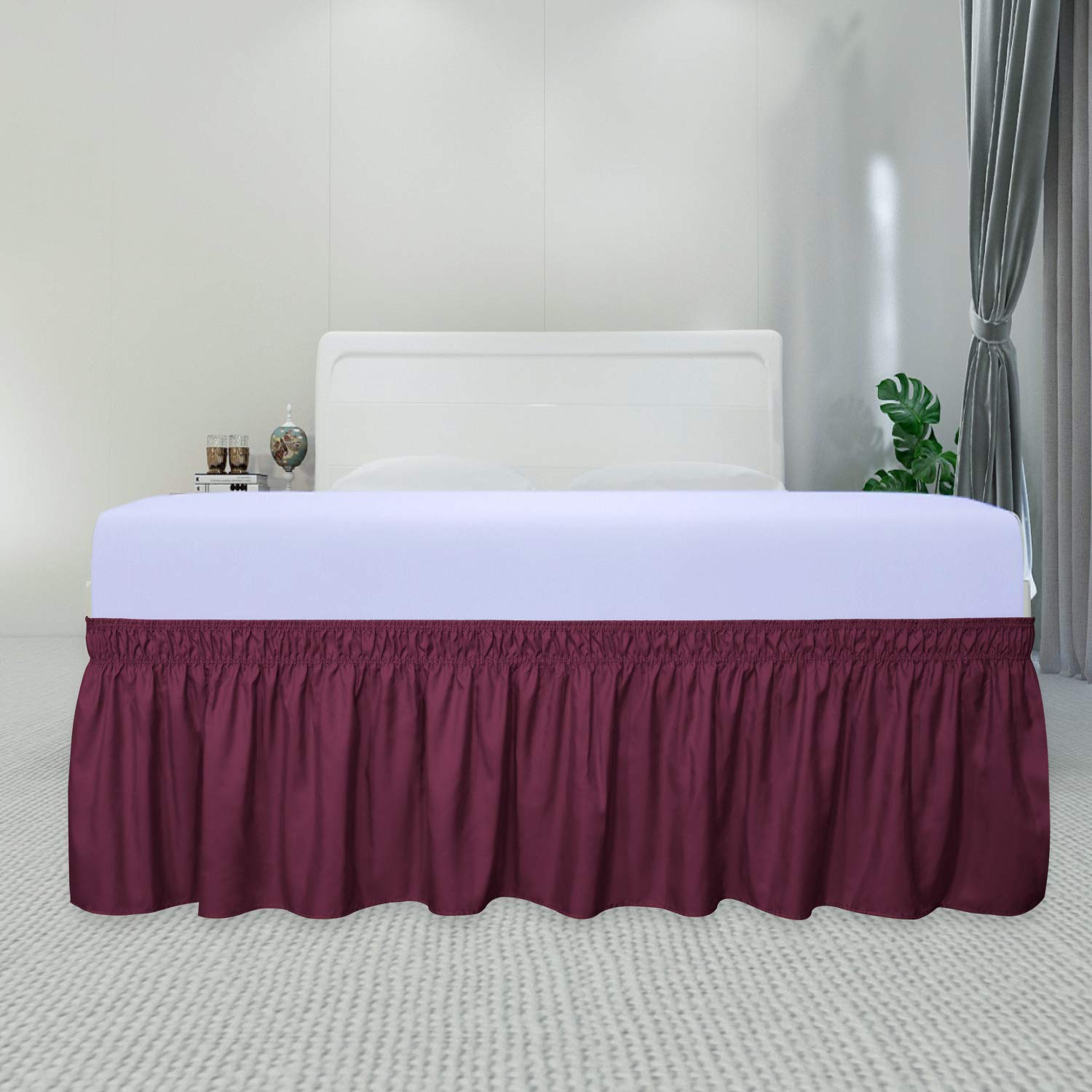 PureFit Wrap Around Ruffled Bed Skirt with Adjustable Elastic Belt - 14 Inch Drop Easy to Install Wrinkle-Free Dust Ruffle for Queen, King & California King Beds (Wine Red) - Perfect for Bedroom Makeover, Hotel Style Decor & Protecting Mattress Foundation