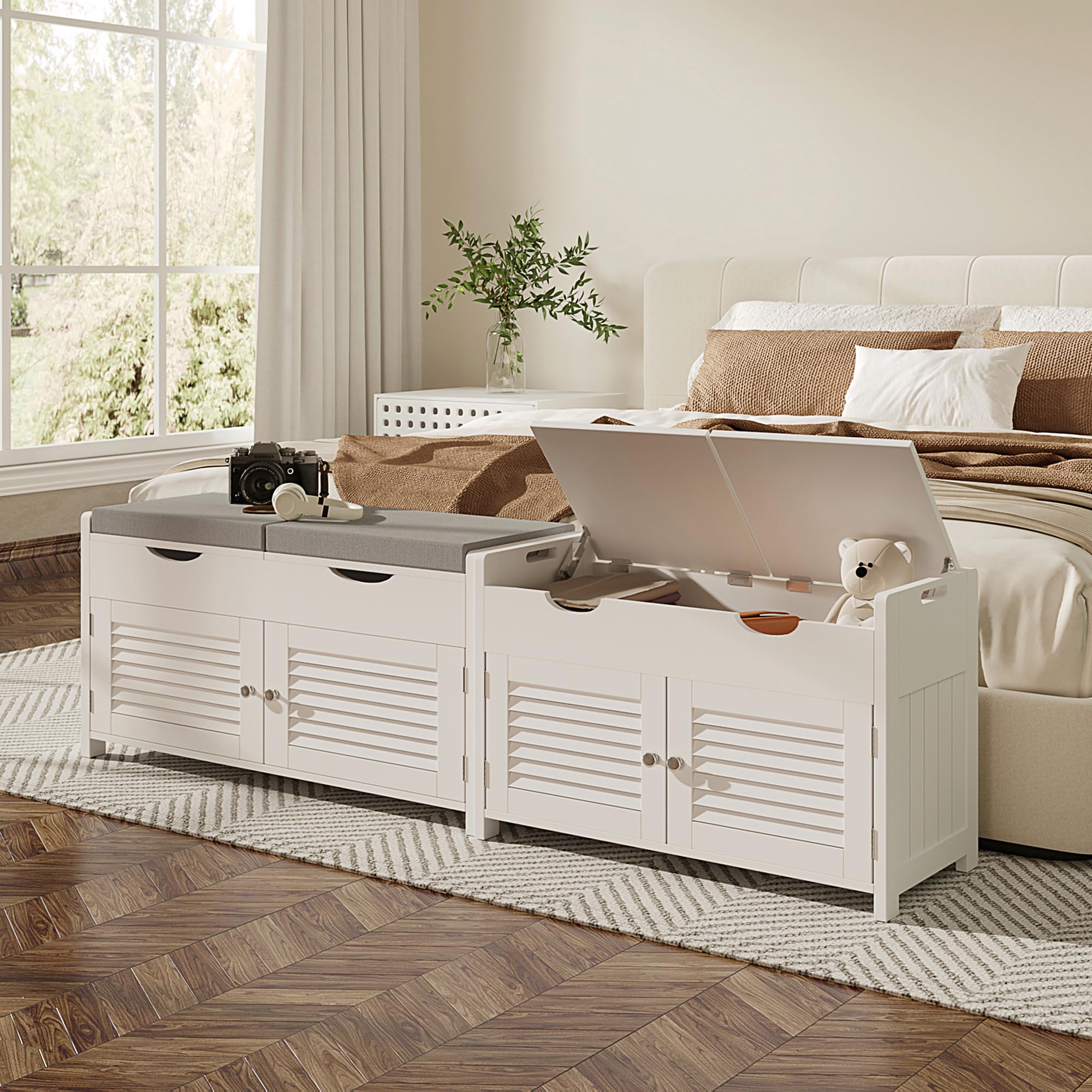 White Shoe Storage Bench with Lift Top - Entryway Bench with 2 Cushioned Seats, 3 Compartments & Adjustable Shelf - Hidden Storage Shoe Cabinet for Entryway, Bedroom & Living Room - Perfect for Organizing Shoes, Hats & Seasonal Items in Small Spaces