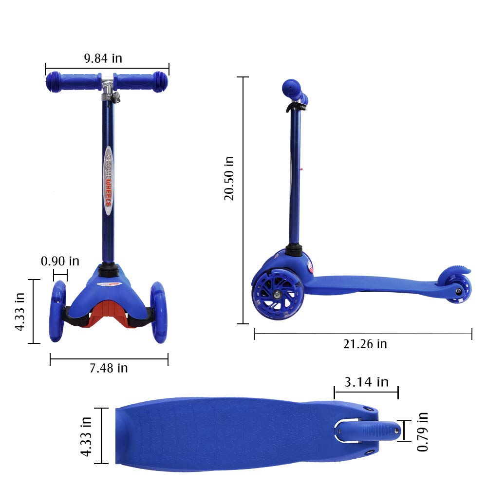 Deluxe ChromeWheels 3-Wheel Scooter for Kids Ages 3-6 - Adjustable Height Kick Scooter with LED Lights & Lean-to-Steer Design - Perfect for Boys & Girls Outdoor Play, Park Rides & Neighborhood Fun