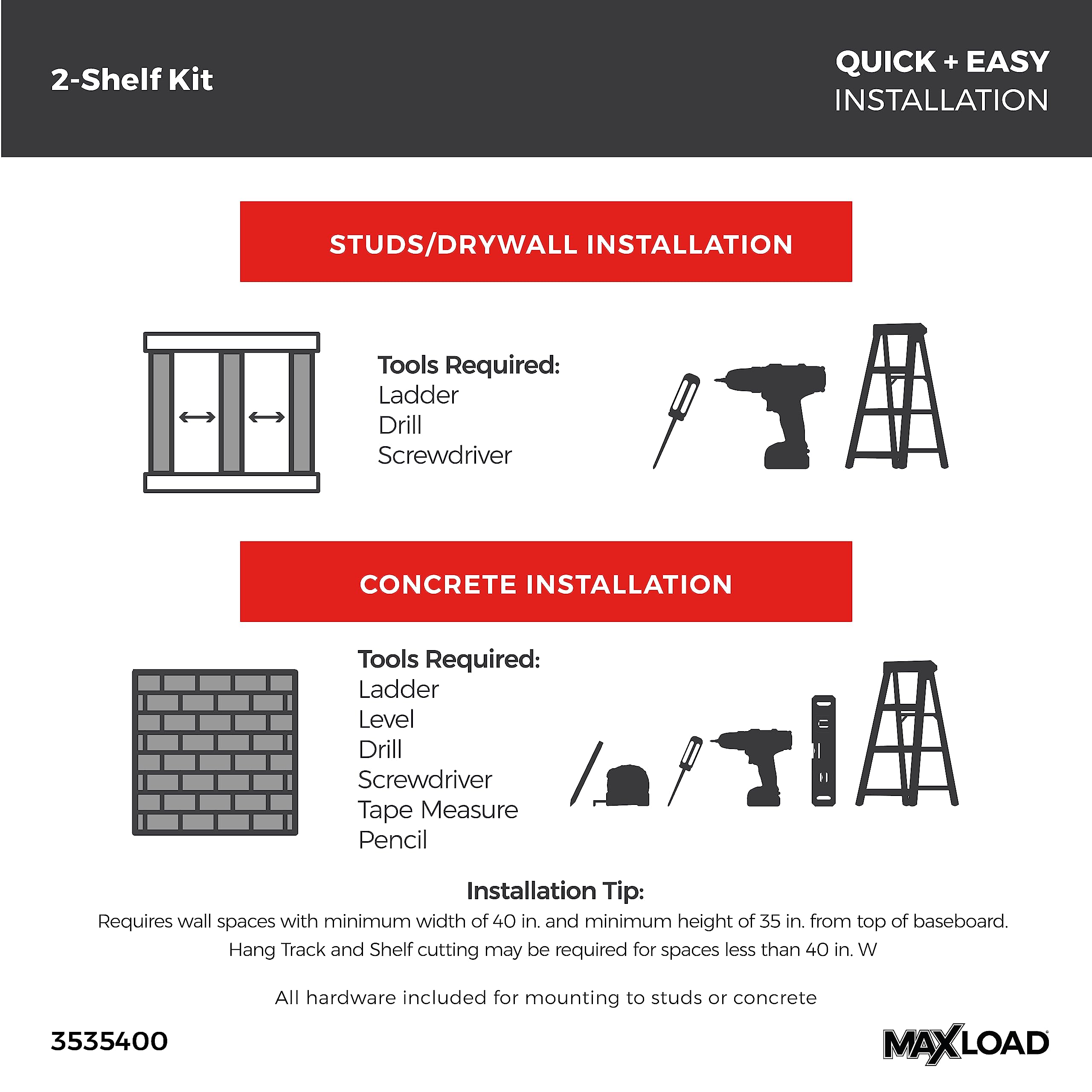 ClosetMaid MaxLoad Heavy Duty Wall Shelf Kit for Garage Storage - 2 Adjustable ShelfTrack Wire Shelves, Black Finish - Perfect for Organizing Tools, Sports Equipment & Home Supplies