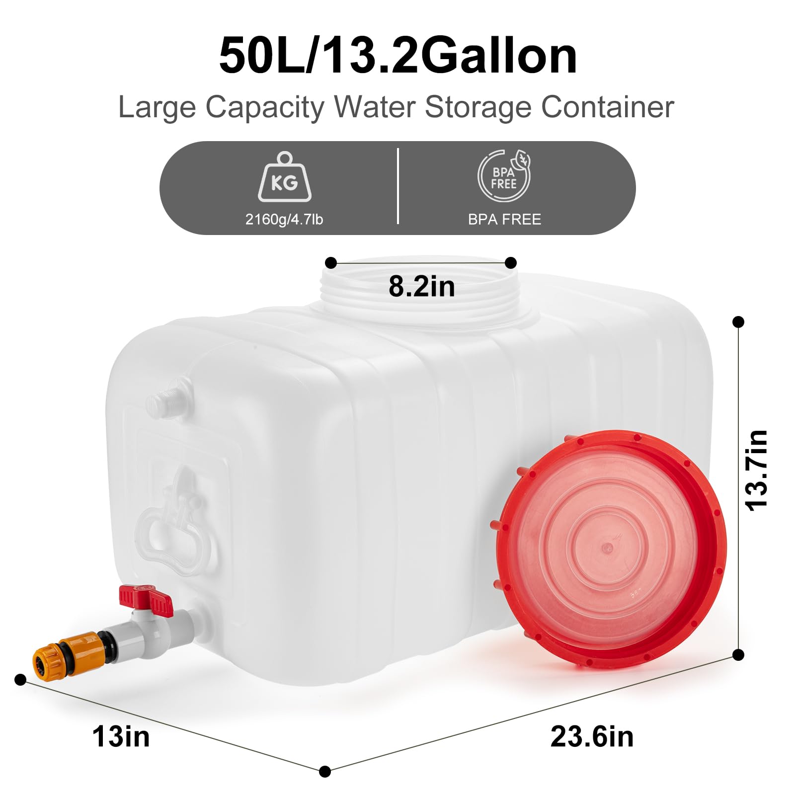 13.2 Gallon Water Storage Tank with Faucet - Portable Camping Water Container for Outdoor Hiking, RV Trips, Emergency Preparedness & Road Trips - 23.6 x 13 x 13.7 Inches - Ideal for Camping, Survival Kits & Off-Grid Living