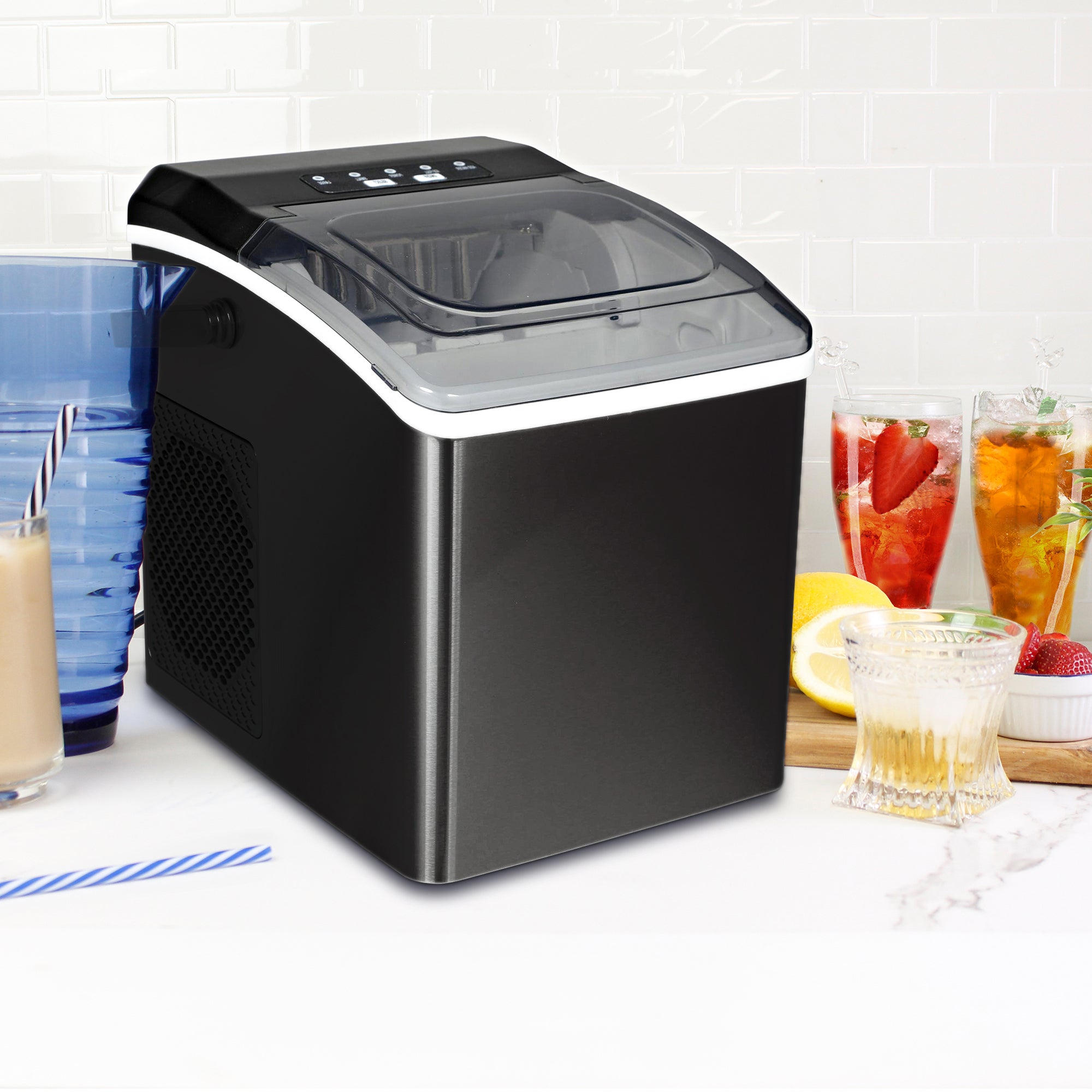 Koolatron Countertop Ice Maker Machine - 26Lbs/24Hrs Fast Ice Production, Makes 9 Cubes in 6 Minutes with 2 Ice Size Options | Includes Ice Scoop & Basket | Self-Cleaning Portable Ice Machine for Home, Office, RV, Camping & Parties | Black Stainless Steel Design
