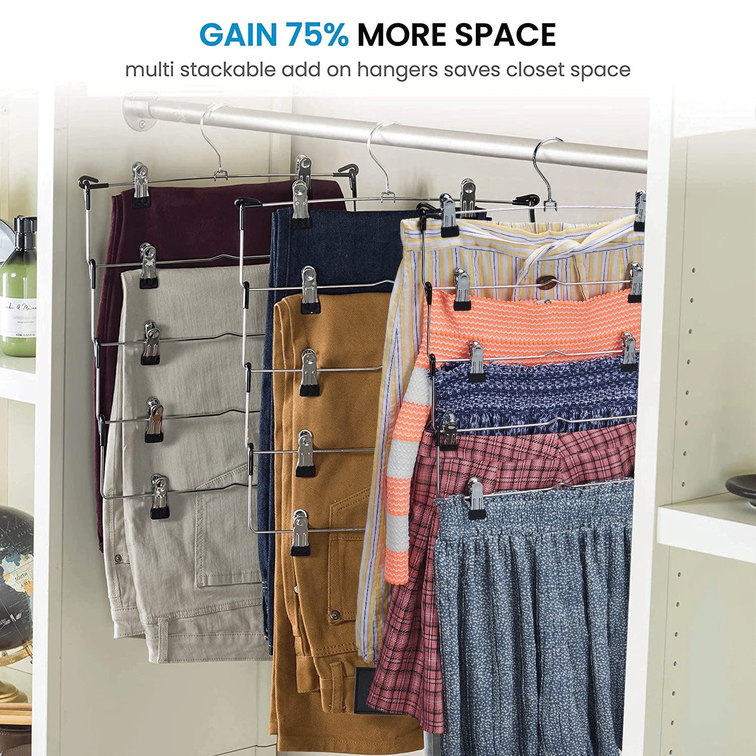 Zober 5-Tier Space Saving Skirt & Pants Hangers with Non-Slip Adjustable Clips & Swivel Hooks - Heavy Duty Metal Clothes Hangers for Women (3-Pack) - Perfect for Closet Organization, Wardrobe Storage and Travel Packing