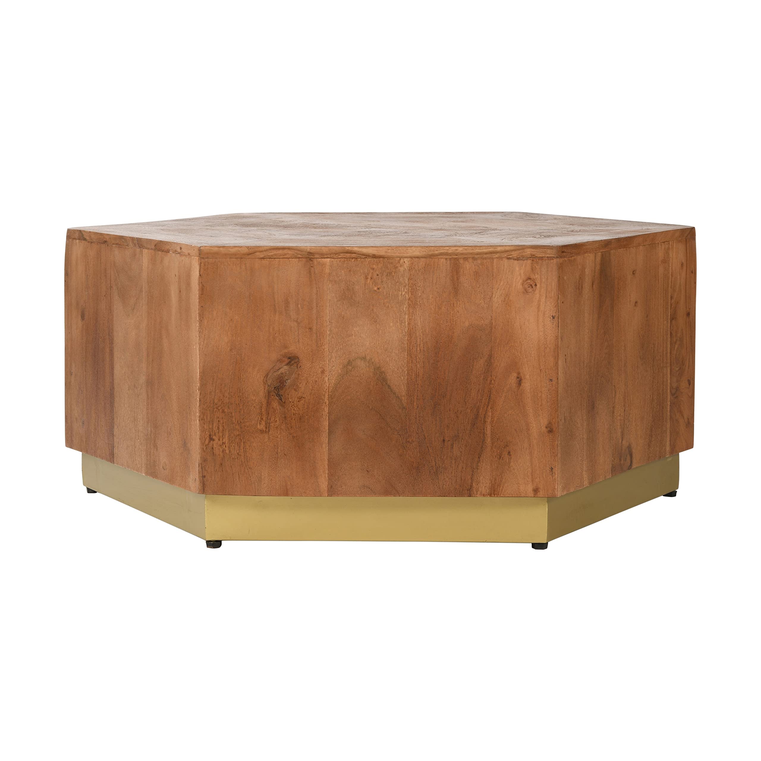 Hexagonal Acacia Wood Coffee Table - Modern Hexagon Side Table with Textured Metal Base, Brown Contemporary Accent Furniture for Living Room, Lounge & Office Decor
