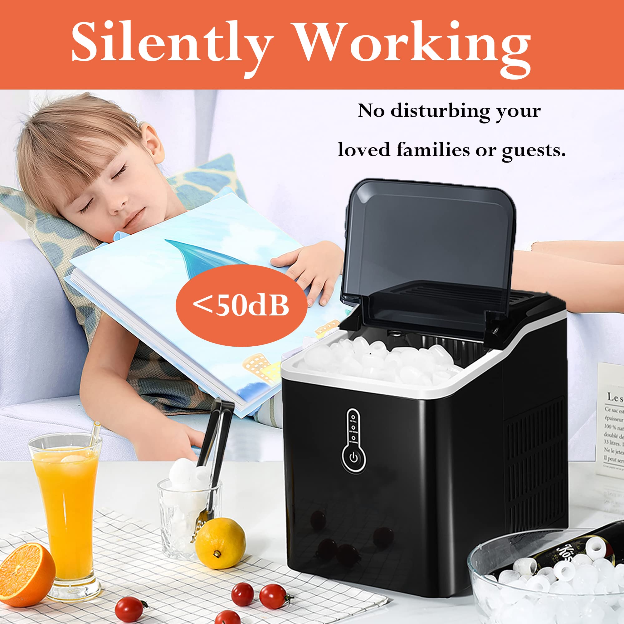 26lbs Portable Ice Maker Machine - Self-Cleaning Countertop Ice Maker with 1.5L Capacity, Makes 9 Cubes in 8 Minutes - Compact Electric Ice Machine with Scoop & Basket for Home, Office, Camping, RV, Parties (Black)