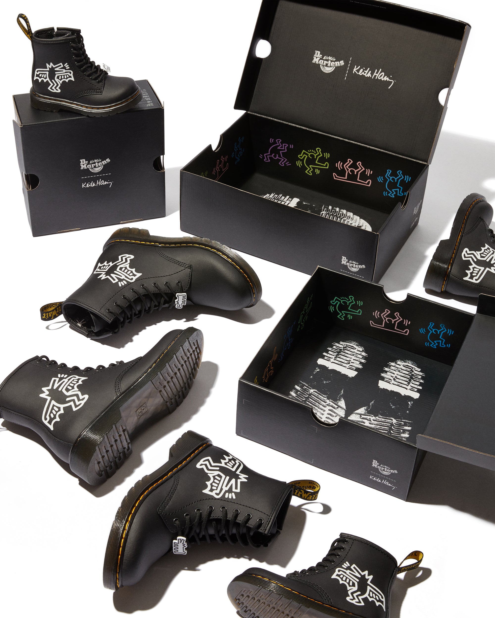 Dr. Martens 1460 Keith Haring Youth Black Hydro Leather Lace Up Boots - Punk Fashion Unisex Ankle Booties for Teens, Streetwear & Concert Outfits