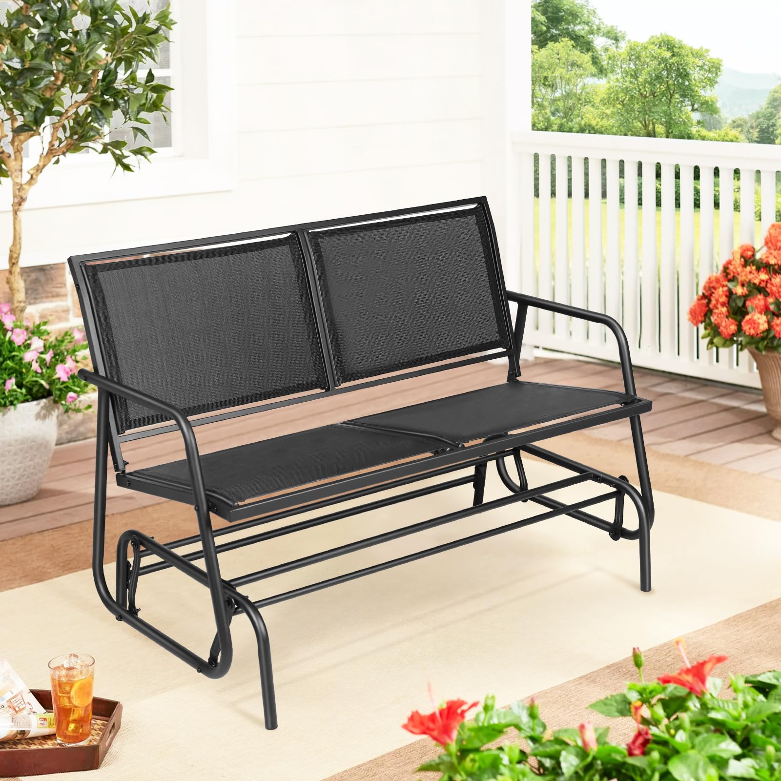 **SUNCROWN Outdoor 2-Person Glider Bench - Patio Swing Rocking Chair with Powder Coated Steel Frame & Textilene Fabric - Perfect for Backyard, Garden, Porch, Deck (Black) - Ideal for Relaxing, Lounging & Enjoying Outdoor Breezes**