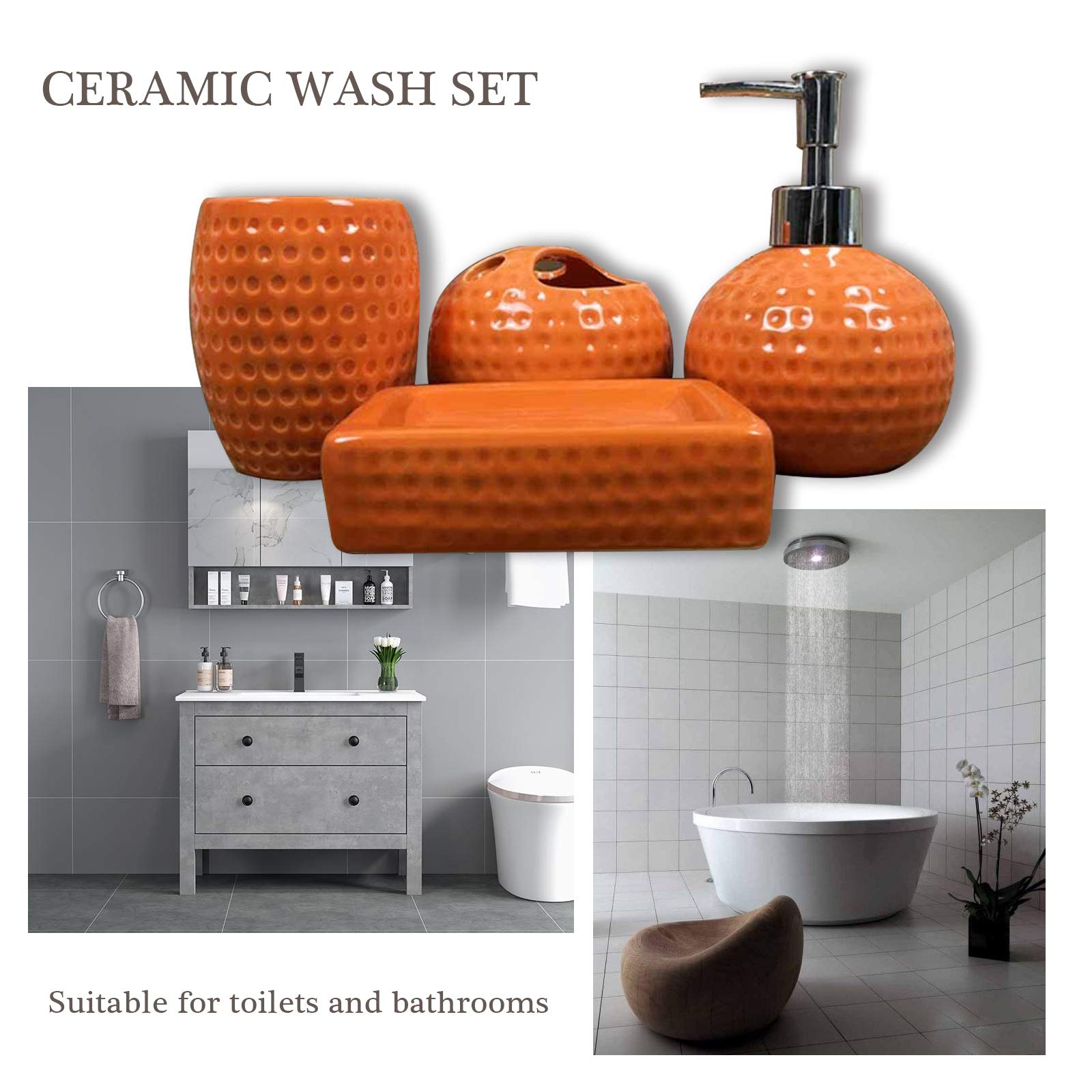 BBRURIY 4-Piece Orange Ceramic Bathroom Decor Set - Soap Dispenser, Soap Dish, Cup & Toothbrush Holder | Modern Bathroom Accessories for Home, Apartment, Hotel Decor