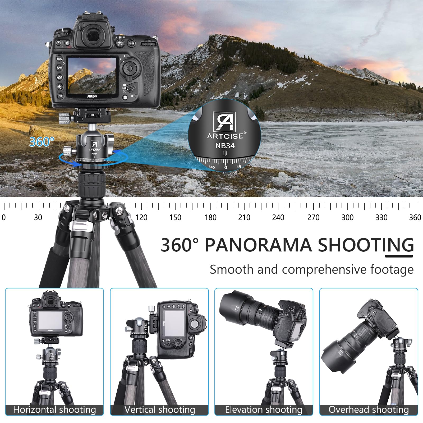 Professional 34mm Ball Low Profile Tripod Head with 2 Arca Swiss Quick Release Plates - CNC Aluminum 360° Rotating Panoramic Ball Head for DSLR Cameras, Monopods & Camcorders - Max Load 33.1lbs/15kg - Perfect for Photography, Videography & Travel Shooting