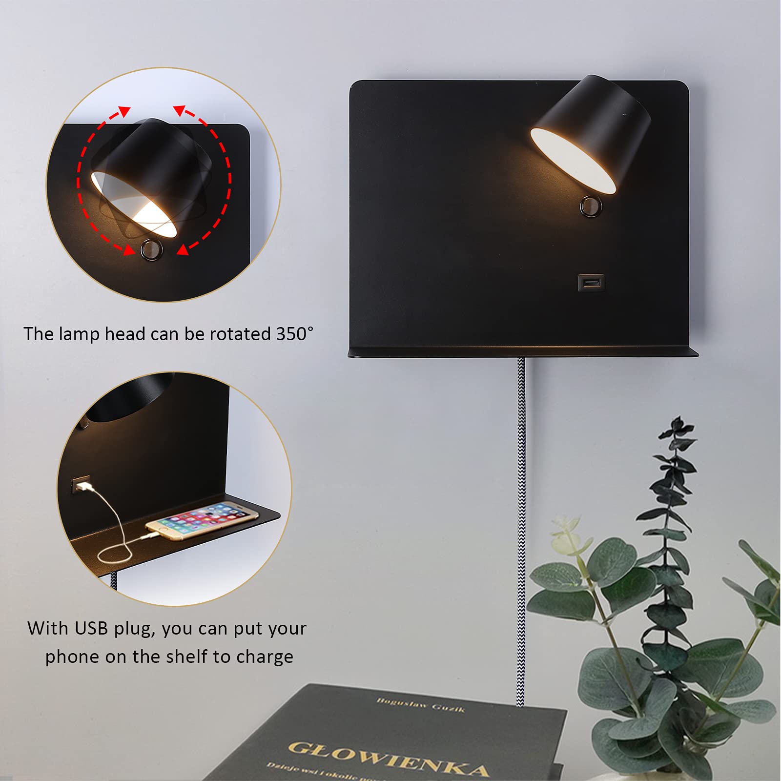 USB Wall Sconce with Shelf - LED Reading Light for Bedroom & Living Room - Black 11