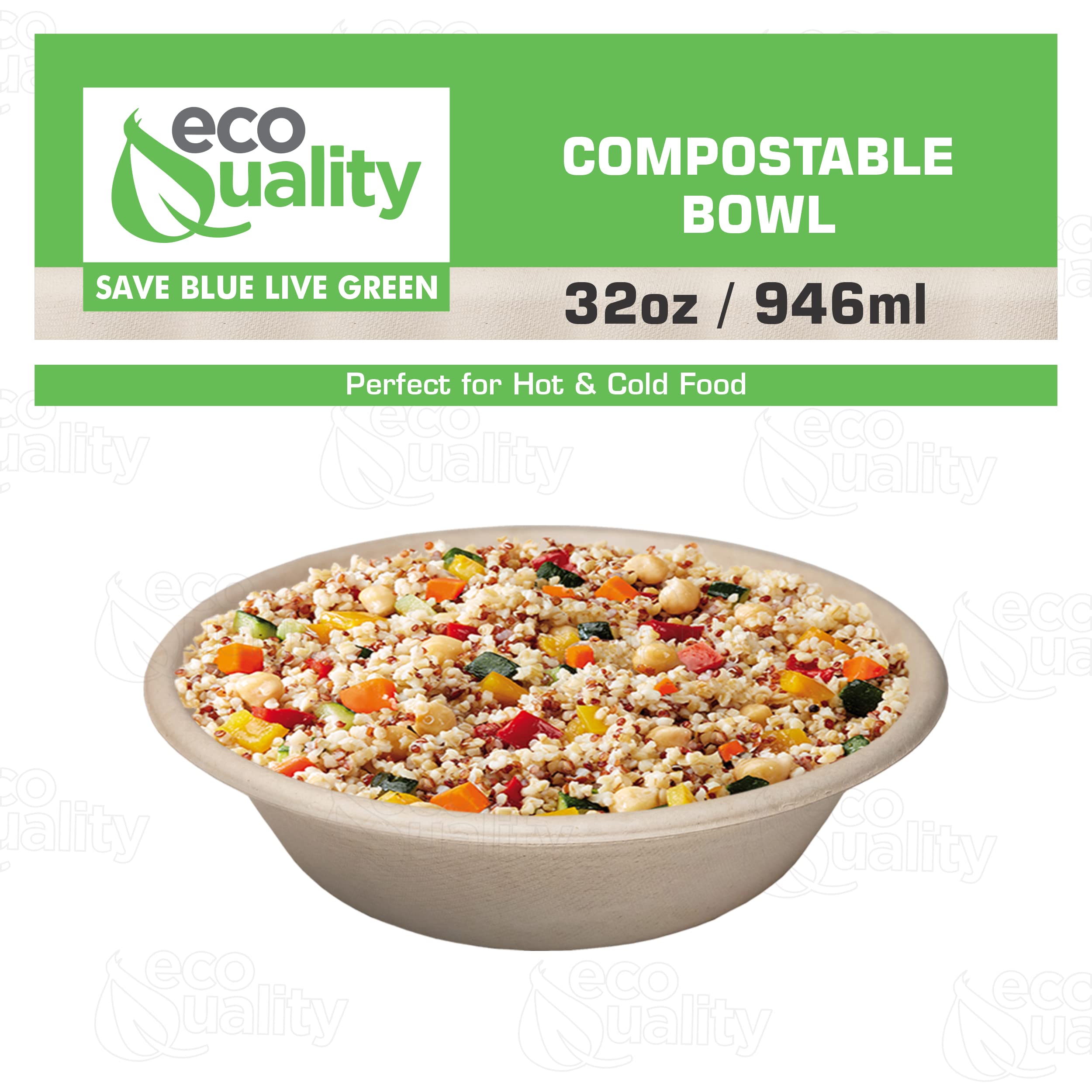500 Count - EcoQuality 32oz Round Disposable Bowls | Natural Sugarcane Bagasse Bamboo Fiber Compostable Bowls | Sturdy Eco-Friendly Paper Bowl Alternative | Perfect for Parties, Picnics & Takeout Meals