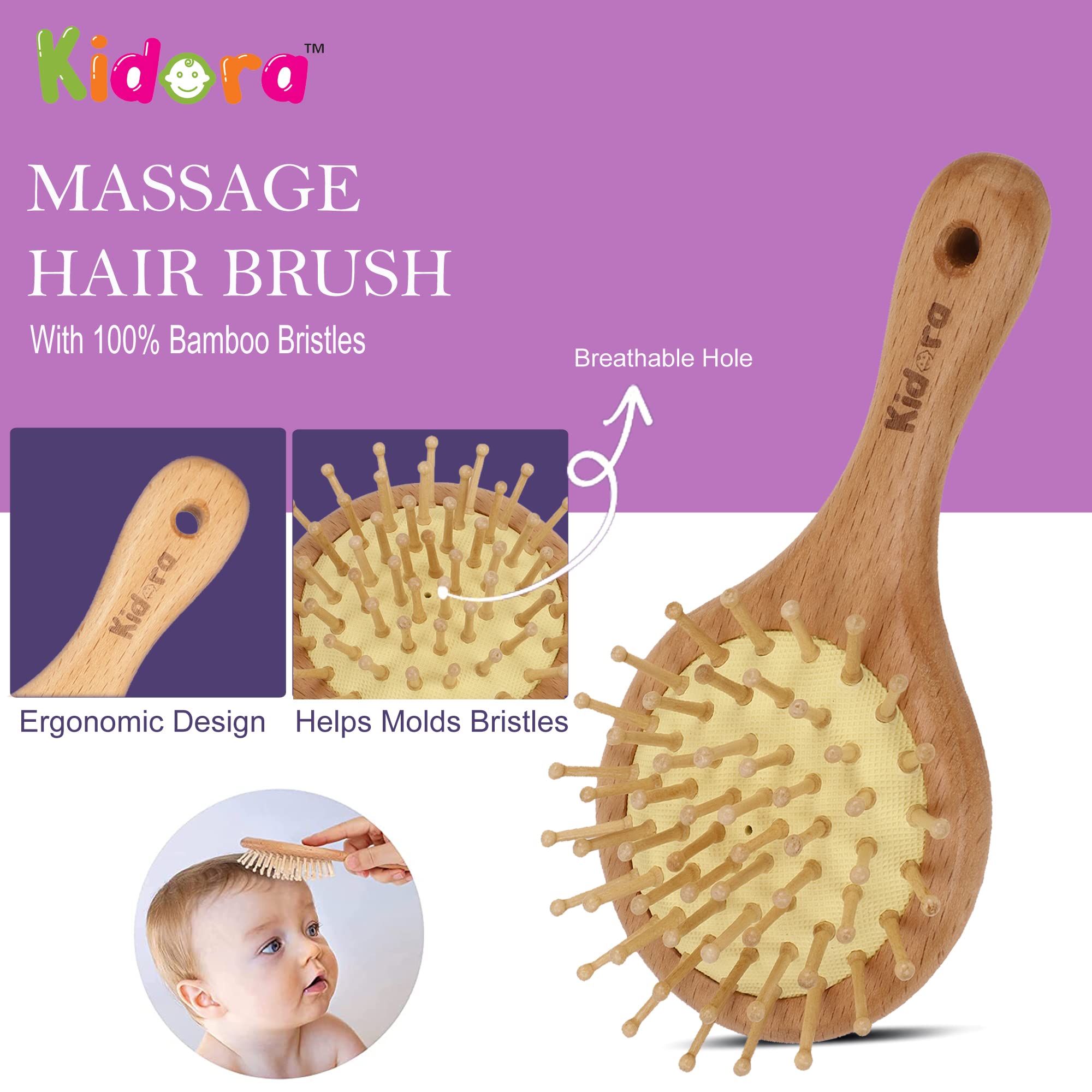 Kidora Wooden Baby Hair Brush with Natural Bamboo Bristles - Gentle Scalp Massage & Hair Grooming Brush for Kids & Toddlers - Travel-Friendly Mini Hairbrush for Newborns & Infants - Perfect for Daily Care, Baby Shower Gifts & On-the-Go Parenting