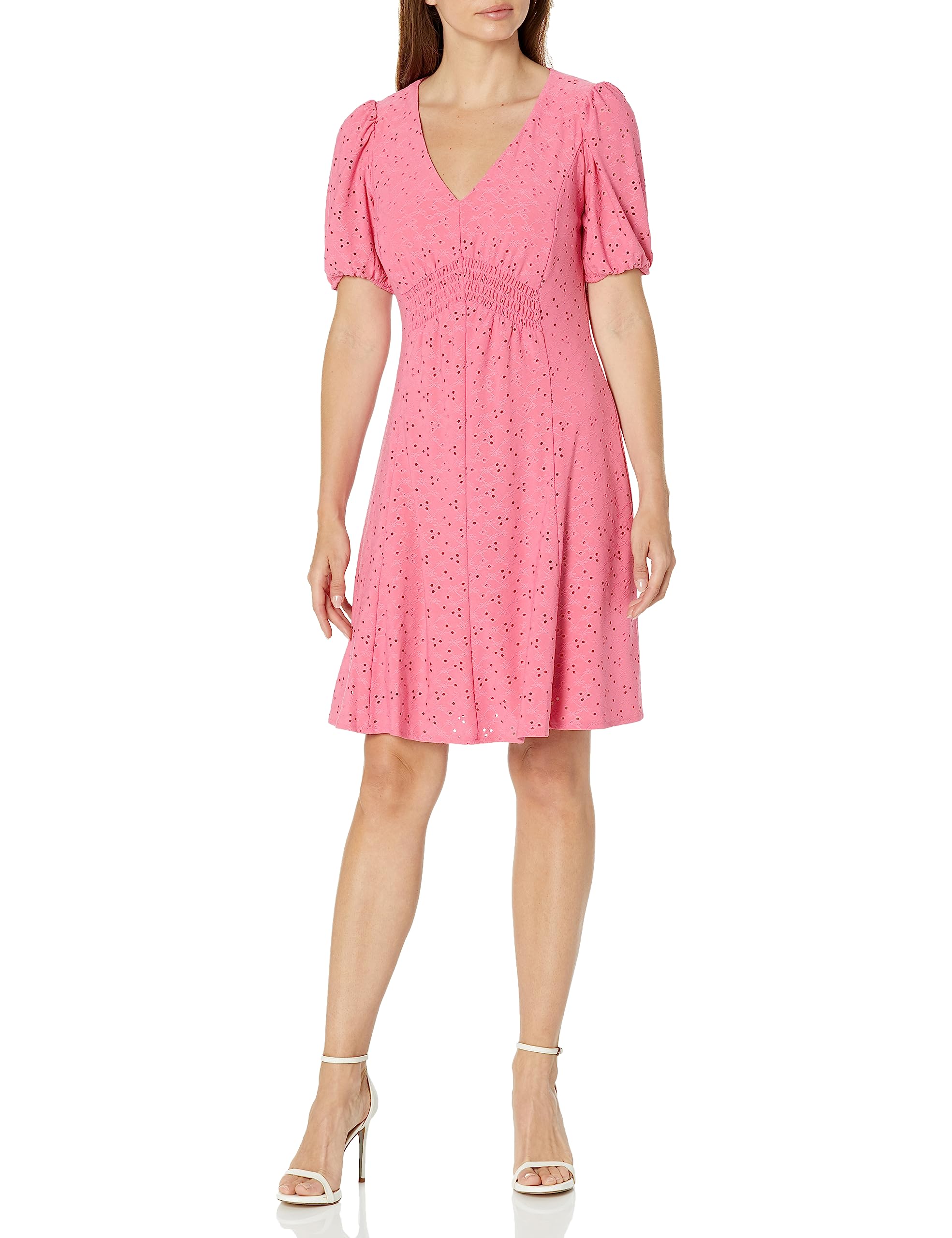 London Times Women's V-Neck Smocked Waist Fit & Flare Dress - Casual Summer Vacation Dress, Easy to Wear for Beach, Brunch & Outdoor Events