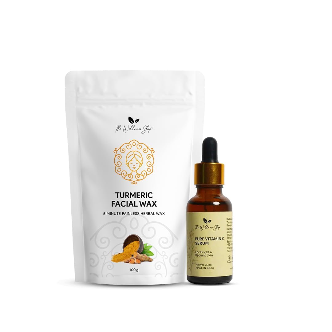 Organic Turmeric Facial Wax Powder 100g - All Natural, Painless Hair Removal in 5 Minutes, No Chemicals, No Irritation for Sensitive Skin | Pure Vitamin C Serum 30ml - Brightening & Anti-Aging Facial Treatment for Women | Pack of 2 | Perfect for At-Home Spa & Beauty Routine