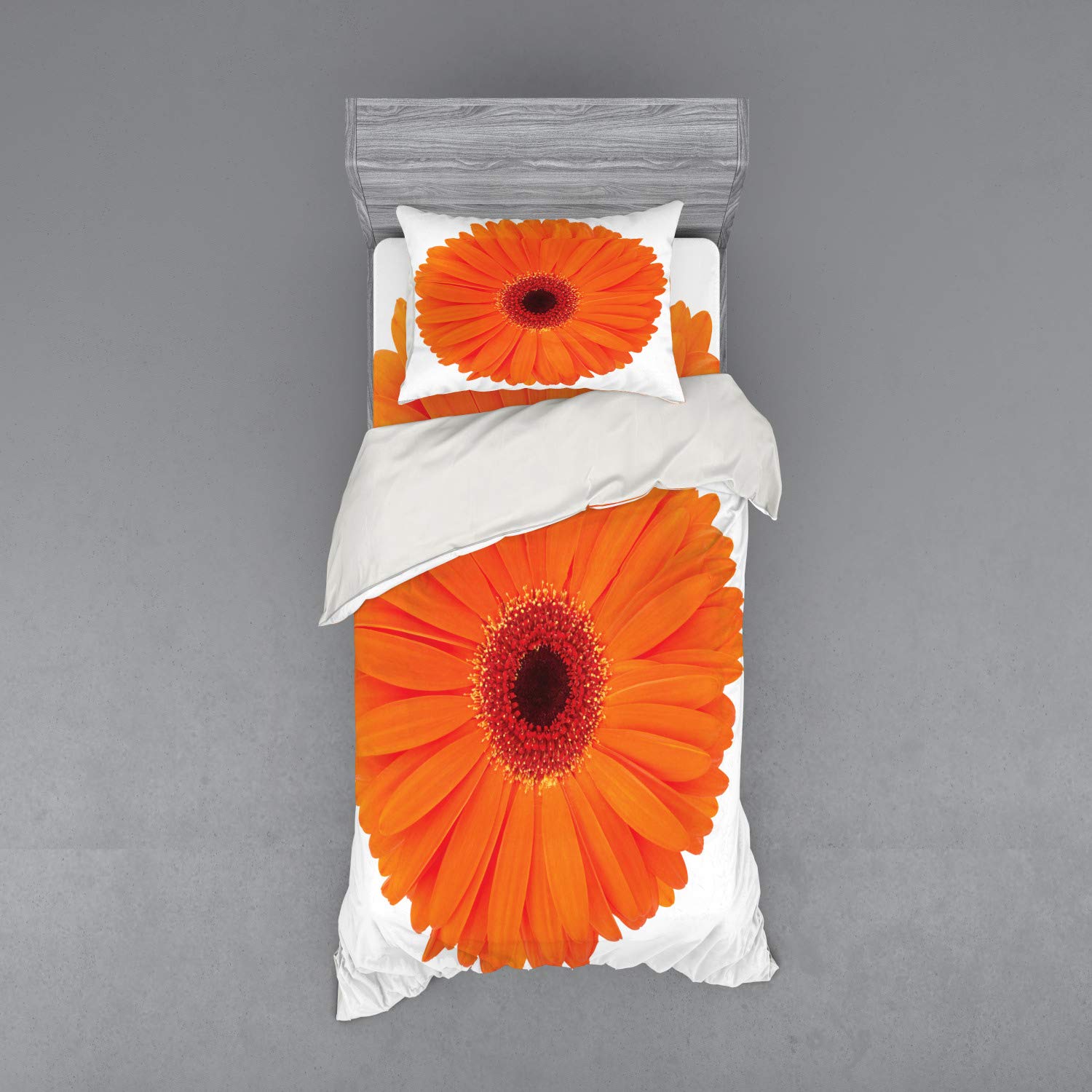 Ambesonne Orange Floral Bedding Set - 3 Piece Duvet Cover with Sham & Fitted Sheet, Twin Size, Gerbera Flower Design in Vibrant Orange Red Burgundy Colors for Fresh Spring Bedroom Decor | Perfect for Guest Rooms, Dorms & Cozy Home Makeovers