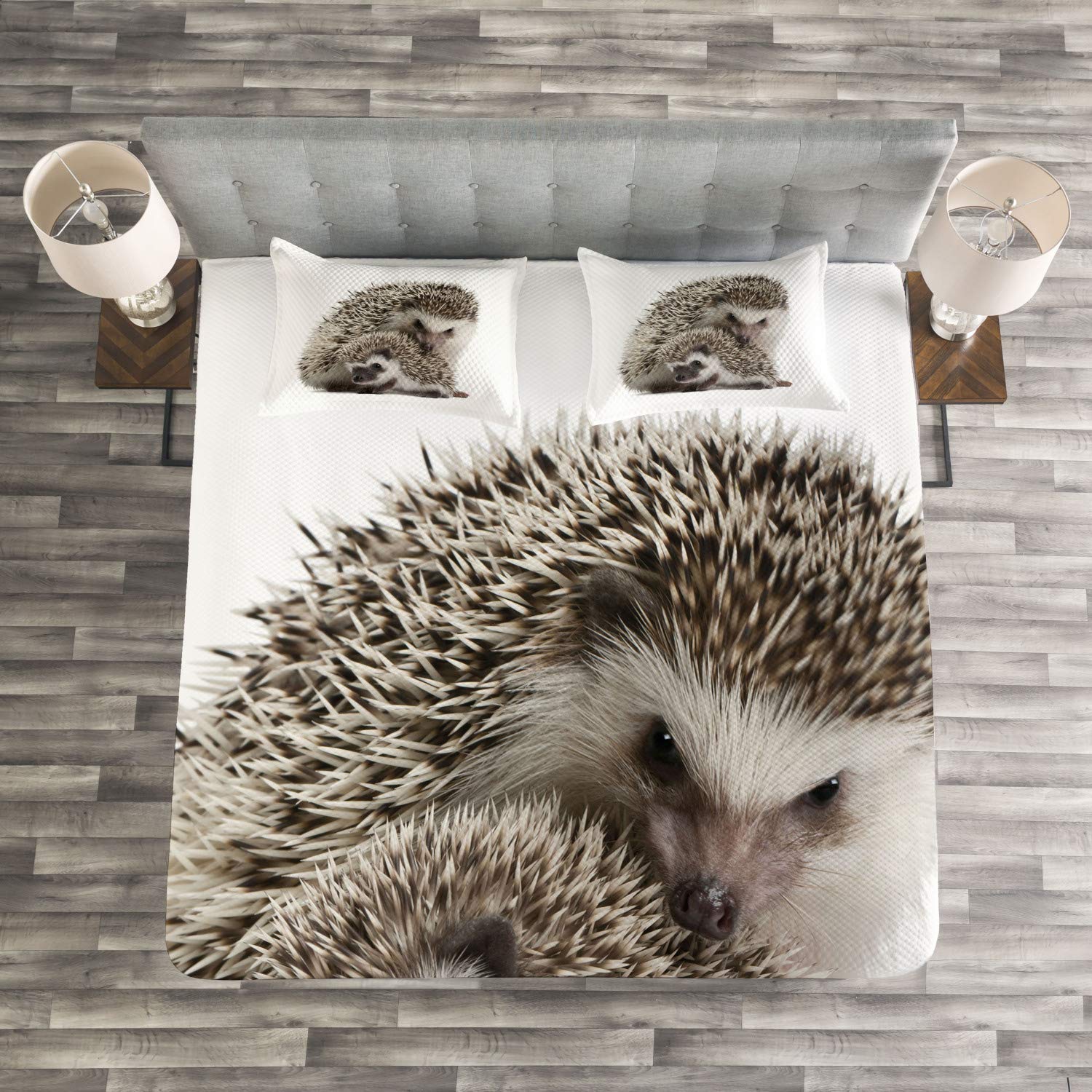 Ambesonne Hedgehog Bedspread Set - 3 Piece King Size Bedding with 2 Pillow Shams, Atelerix Albiventris Photography Design, Mother & Family Theme in Brown Ivory - Perfect for Cozy Bedroom Decor & Gift Ideas