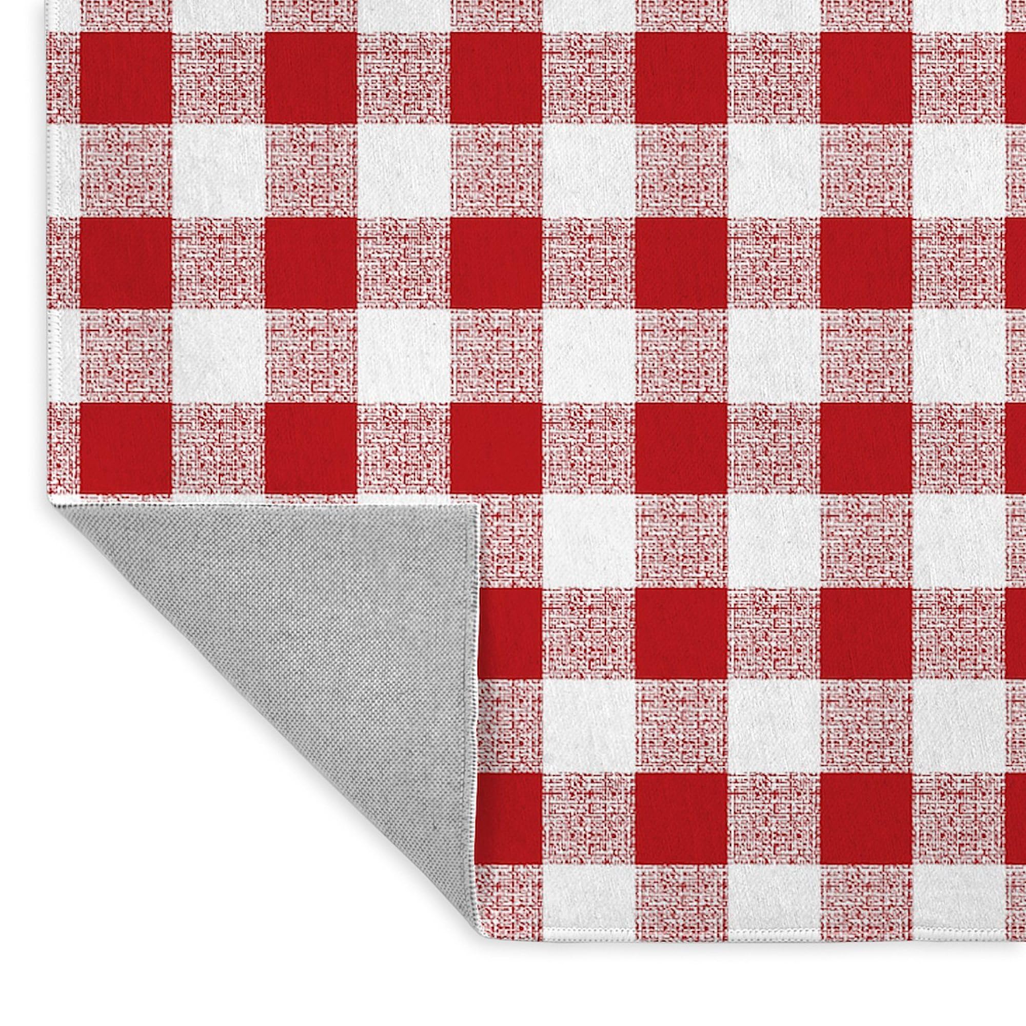 Red Gingham Pattern Area Rug - Decorative Fabric Throw Rug for Living Room, Bedroom & Kitchen | Non-Slip Soft Cotton Rug for Home Decor