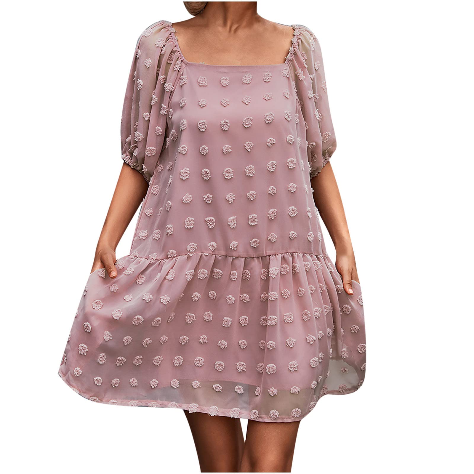 Women's Summer Square Collar Solid Color Short Sleeve Flowy Mini Dress - Casual Beach Sun Dress for Ladies | Perfect for Vacations, Pool Parties & Outdoor Date Nights