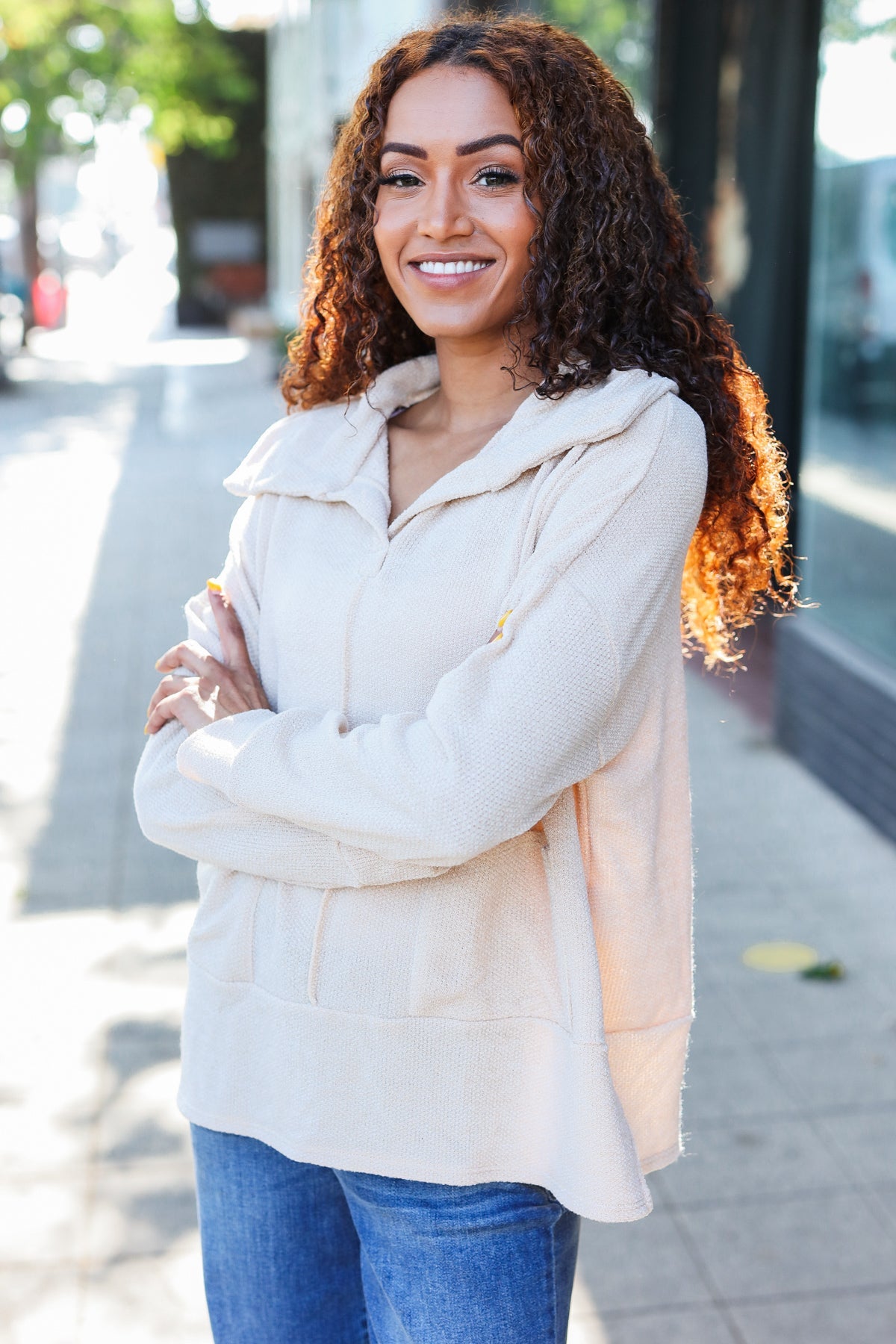 Easy Living Oatmeal Textured Knit Notch Neck Oversized Collar Sweater - Cozy Oversized Women's Knitwear for Fall & Winter | Perfect for Casual Outfits, Coffee Dates and Weekend Relaxation