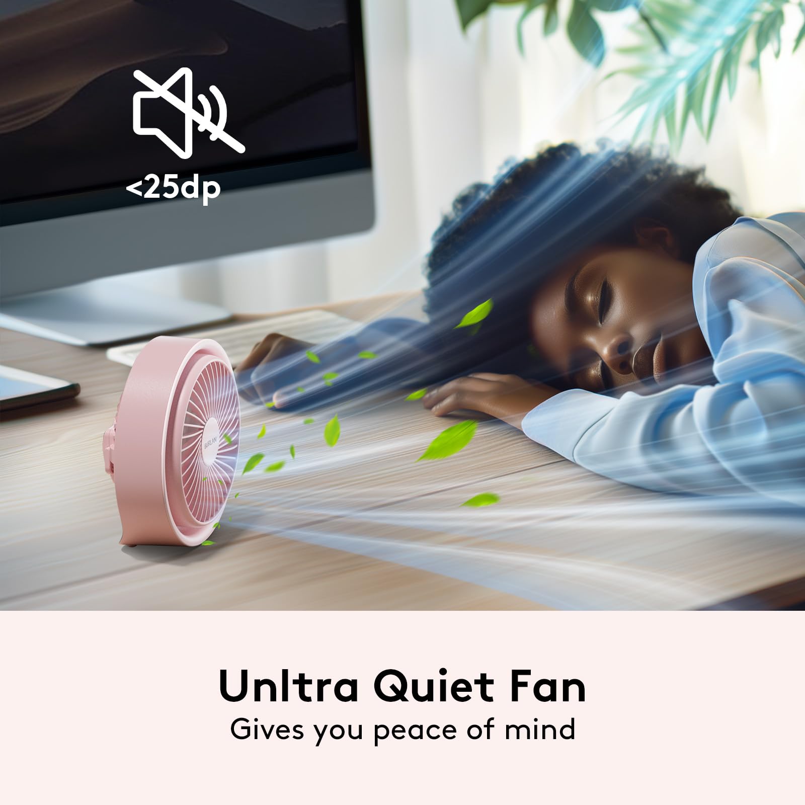 USB Rechargeable Cordless Desk Fan - 70ft Strong Airflow, Quiet Operation with LED Light & 360° Rotation - Portable Battery Powered Table Fan for Bedroom, Home Office, Outdoor, Travel, Camping (Pink)