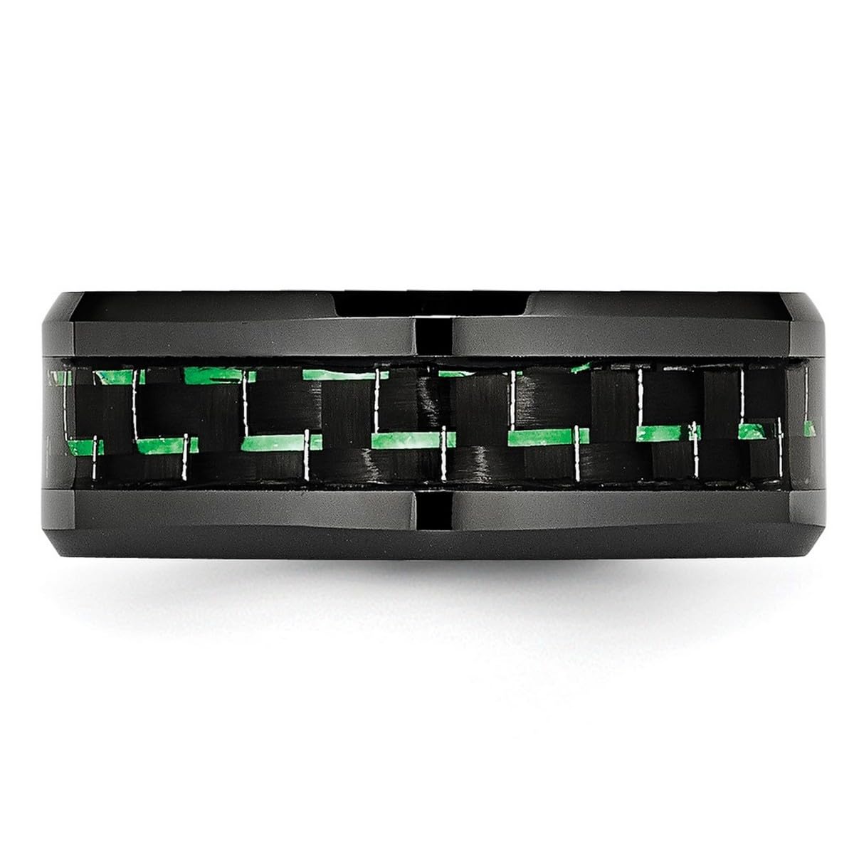 8mm Black Ceramic Ring with Green Carbon Fiber Beveled Edge - Engravable Jewelry for Women (Size 13) - Perfect for Weddings, Anniversaries & Everyday Fashion Accessories