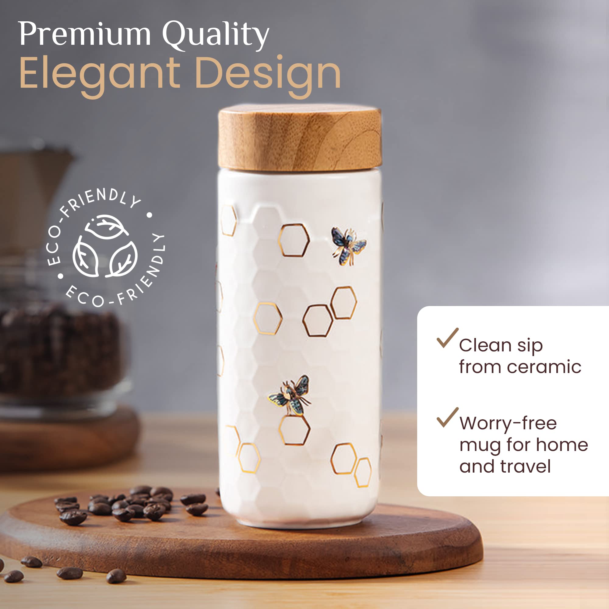 Acera Liven Honey Bee Travel Mug - 12.3oz Double Wall Ceramic Insulated Tumbler with Leak-Proof Lid, Thermal Coffee Tea Juice Cup for Office, Commuting & Outdoor Activities