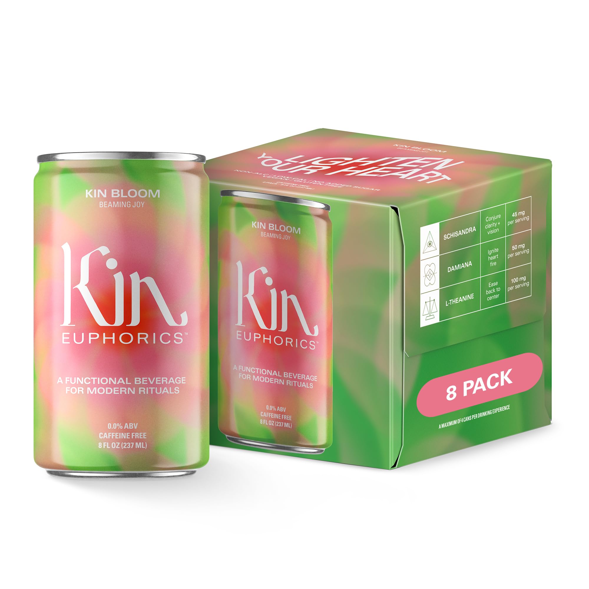 Kin Euphorics Kin Bloom Non-Alcoholic Functional Beverage - 8 Fl Oz (8pk) | Elevate Mood & Focus with L-Theanine, Schisandra | Prebiotic Strawberry White Grape Flavor | Perfect for Work, Yoga or Social Gatherings