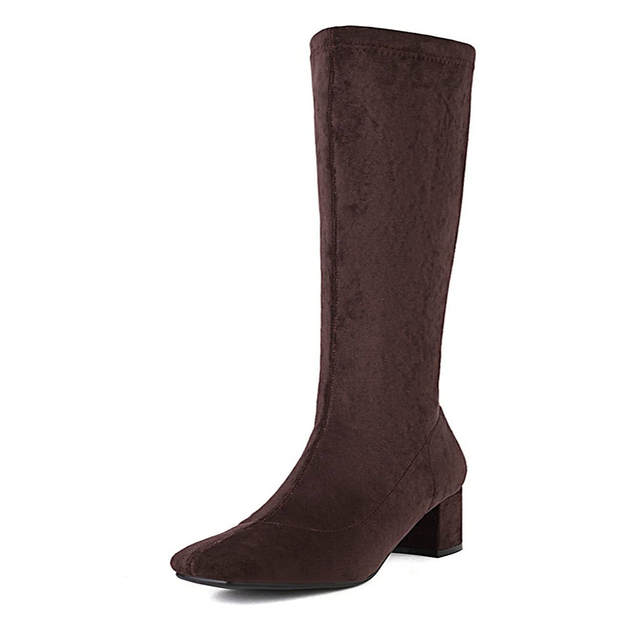 Women's Mid Block Heel Knee High Boots - Square Toe Faux Suede Side Zip Mid Calf Boots for Fall & Winter Fashion, Office Wear & Casual Outfits
