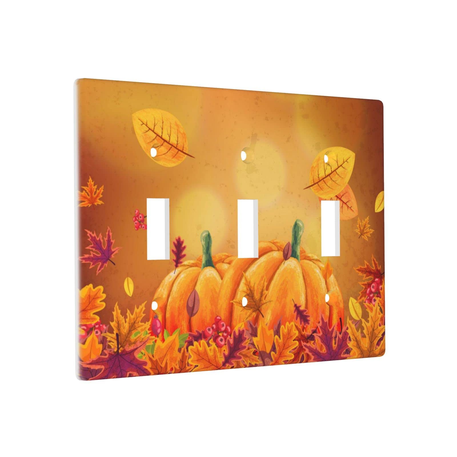 Decorative Triple Toggle Wall Plate Cover - 3 Gang Standard Size with Autumn Thanksgiving Theme (Pumpkins & Maple Leaf Design) for Living Room, Bedroom, and Home Decor