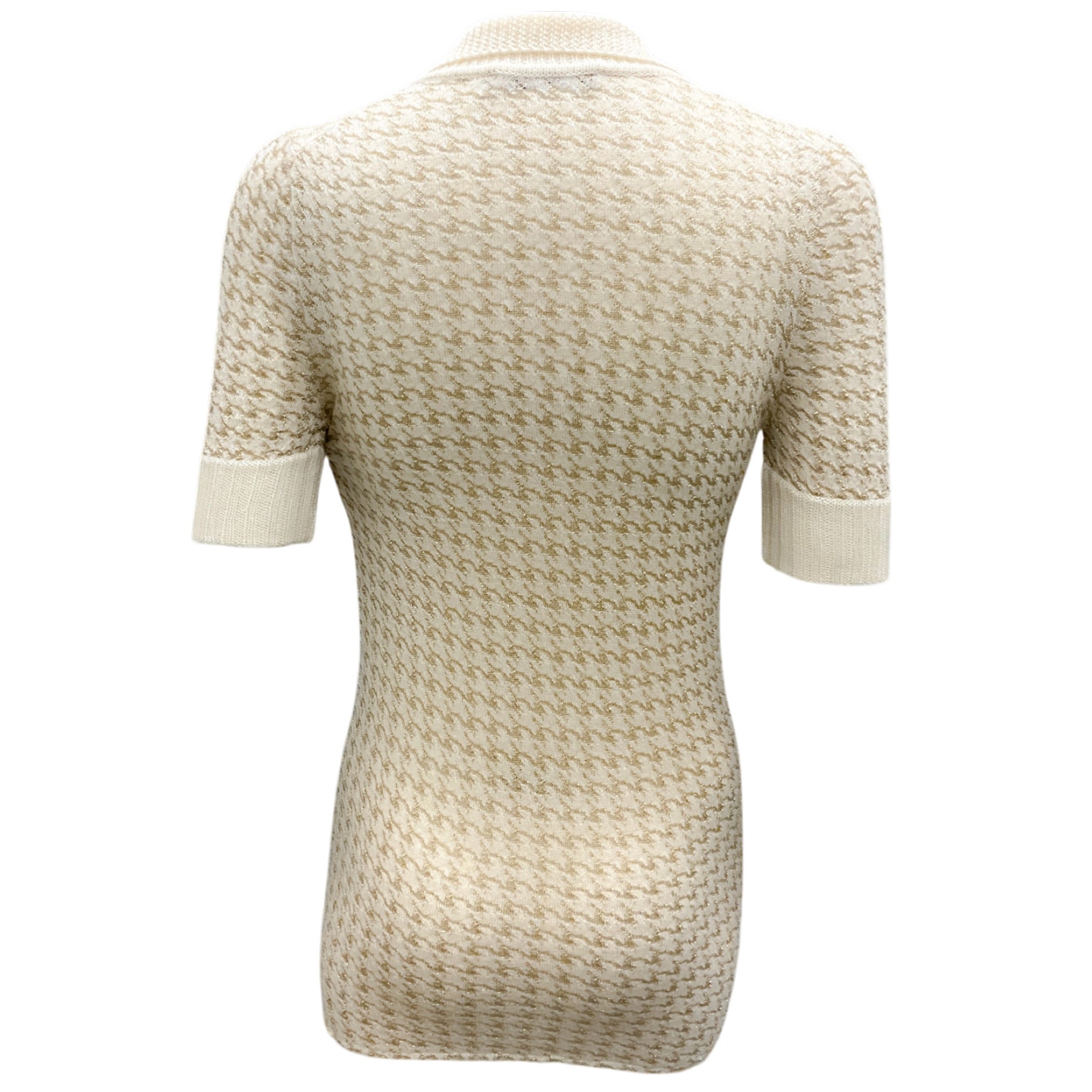 Christian Dior Ivory & Gold Metallic Cashmere Polo Sweater - Short Sleeve Houndstooth Knit Top for Women | Perfect for Office Wear & Luxury Casual Outings