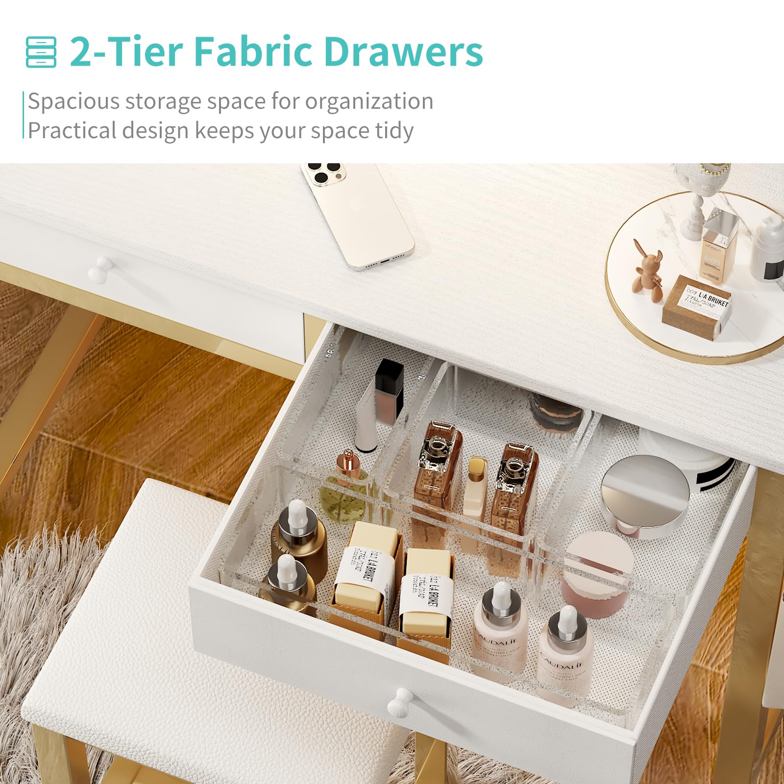 Lufeiya 32 Inch White Vanity Desk with Mirror, Lights & Fabric Drawers - Dressing Table & Chair Set with Power Outlet for Girls Bedroom (White Gold) | Perfect for Makeup, Skincare & Hair Styling