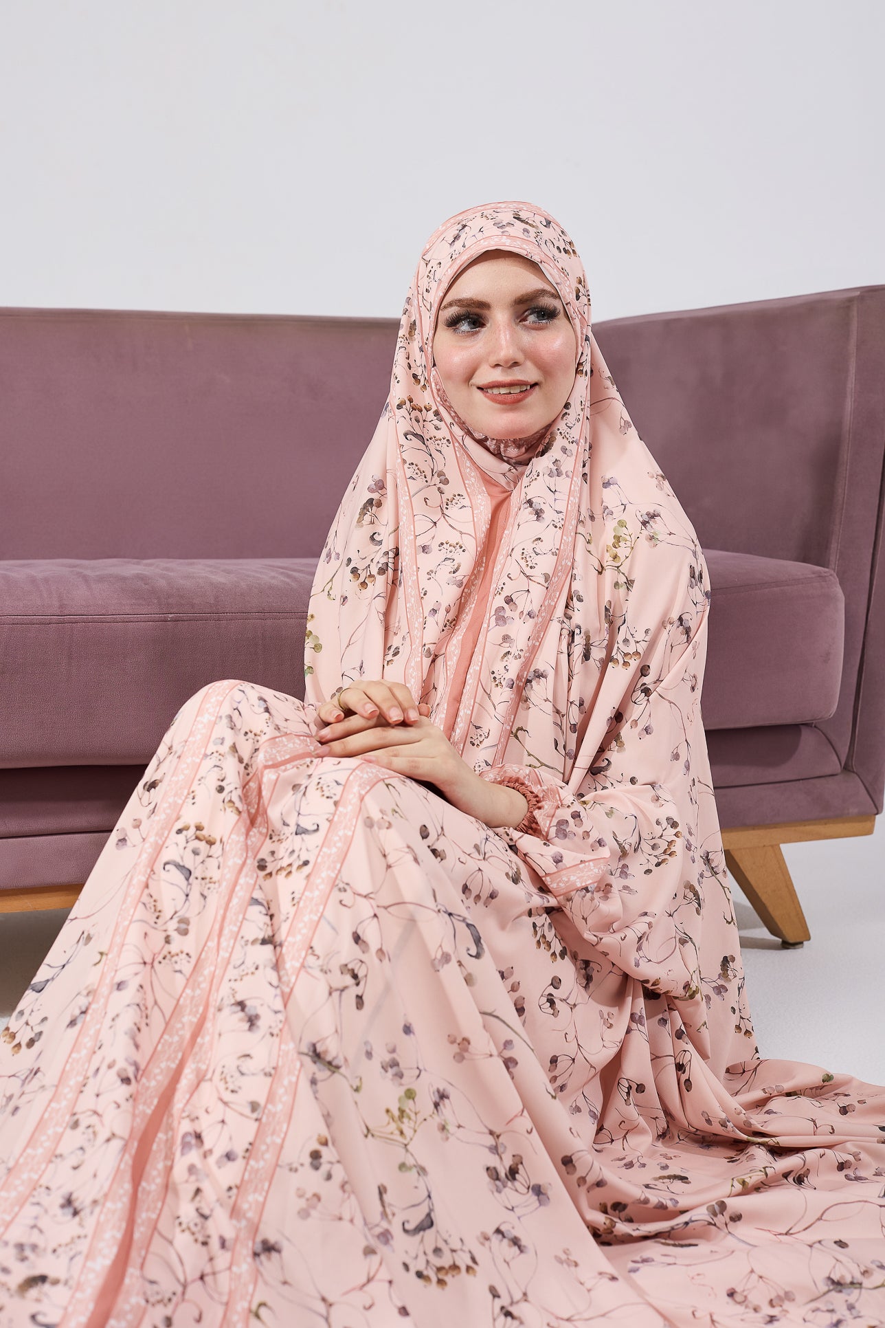 Nouria Satin Floral Prayer Gown - Elegant Floral Print Islamic Prayer Dress with Elastic Cuffs for Women - Perfect for Salah, Ramadan, Eid and Home Worship