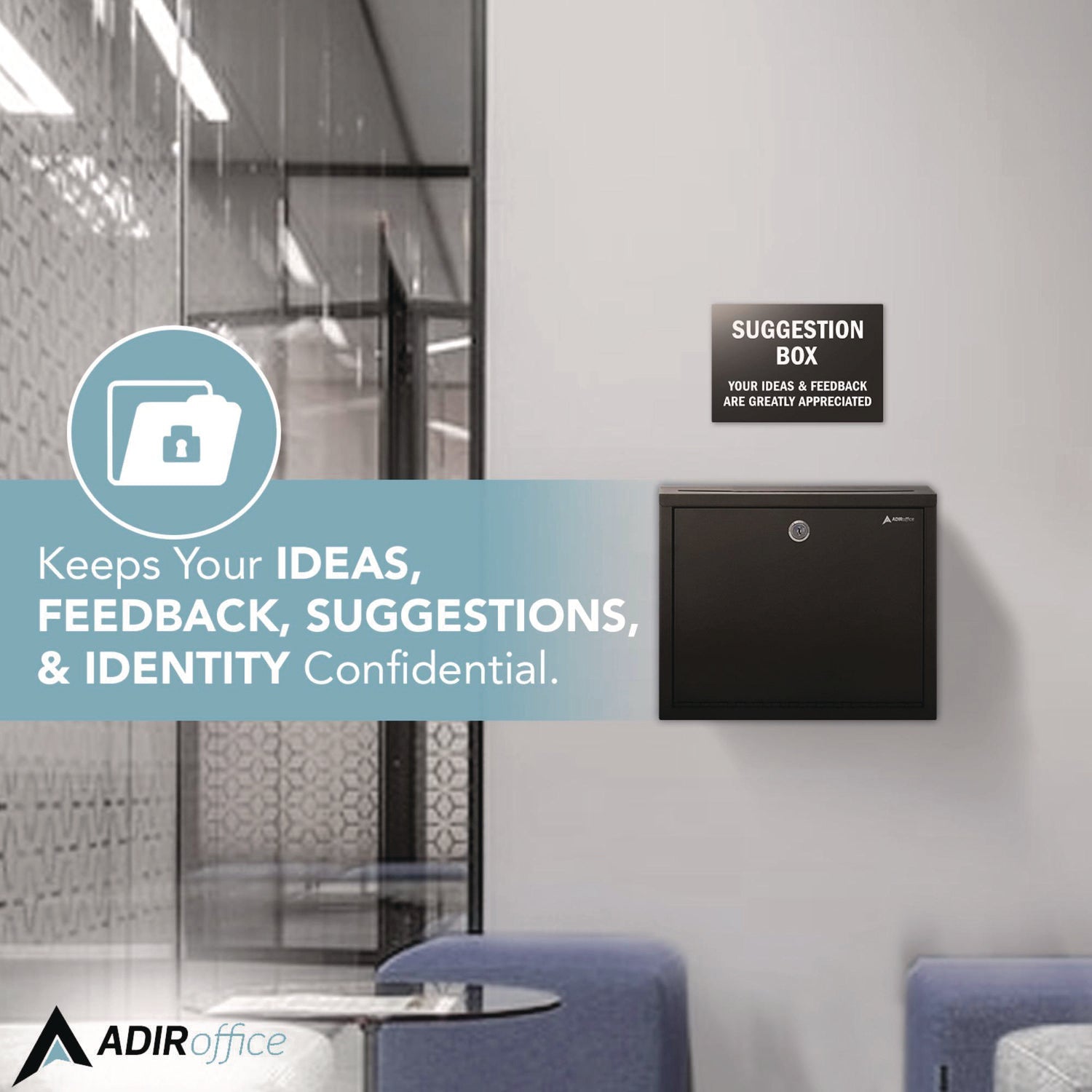 AdirOffice Large Secure Drop Box - 12 x 3 x 10 Inch Steel Locking Mailbox for Office, Home & Business - Black Multi-Purpose Deposit Box for Documents, Packages & Valuables (Ideal for Mailrooms, Reception Areas & Secure Storage)