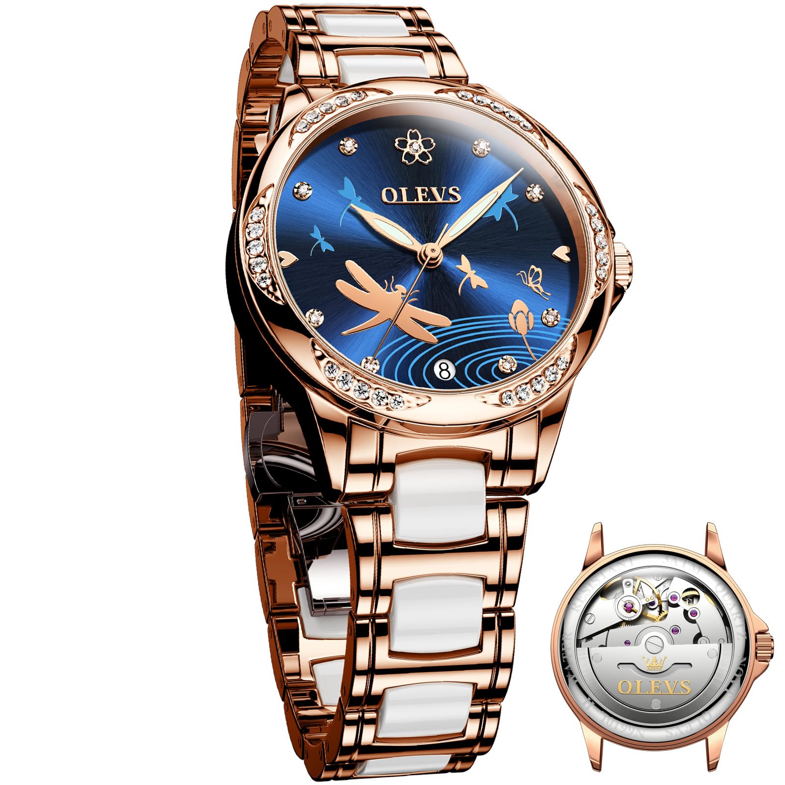 OLEVS Women's Luxury Diamond Automatic Self-Winding Watch - Elegant Stainless Steel & Ceramic Dress Watch with Luminous Hands, Waterproof for Daily Wear - Perfect for Office, Evening Events & Special Occasions