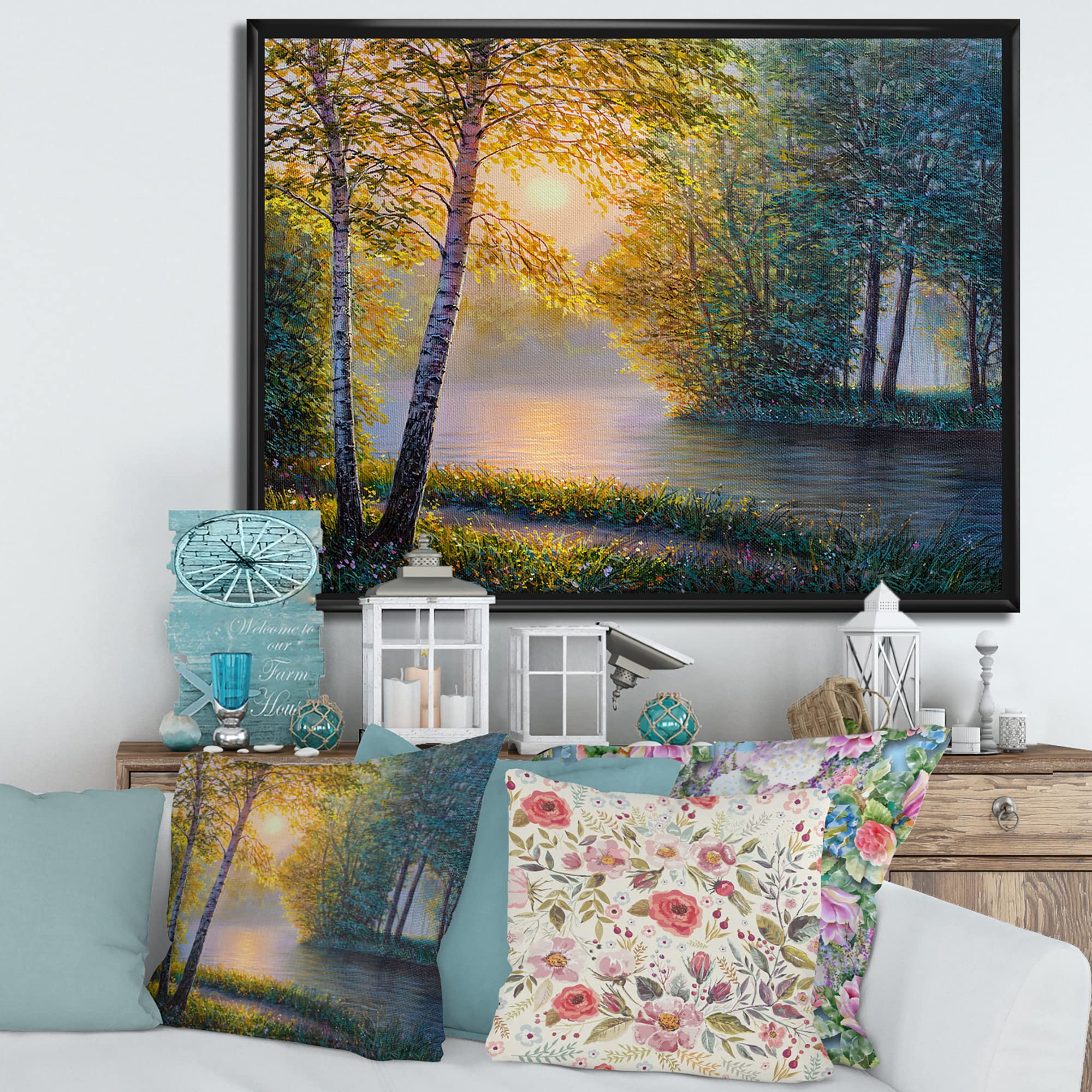 DesignQ Morning Summer Landscape with River, Spring Forest & Lake House - Framed Canvas Wall Art Print for Living Room, Bedroom & Office Decor