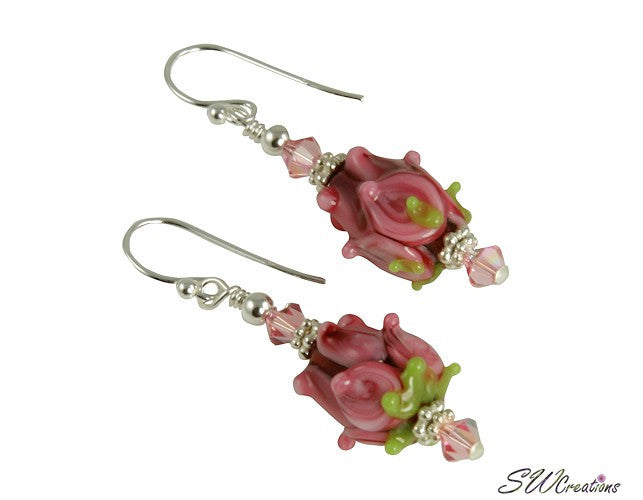 Pink Rose Floral Lampwork Bead Earrings - Handmade Glass Dangle Earrings for Women | Perfect for Weddings, Parties & Boho Fashion