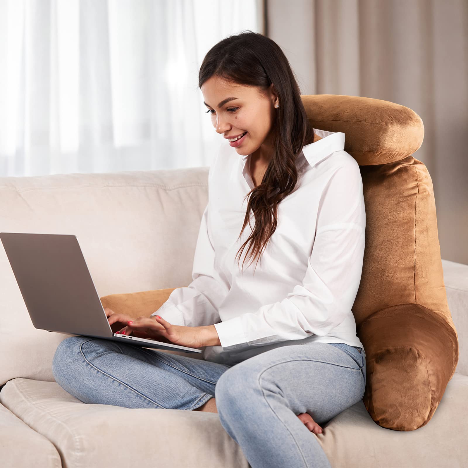 KOMFORT Memory Foam Reading Pillow with Back Support & Armrests - Adjustable Wedge Pillow for Sitting in Bed, Sofa or Floor - Includes Removable Cover & Storage Pockets (Brown) - Perfect for Reading, Watching TV, Gaming & Relaxing at Home
