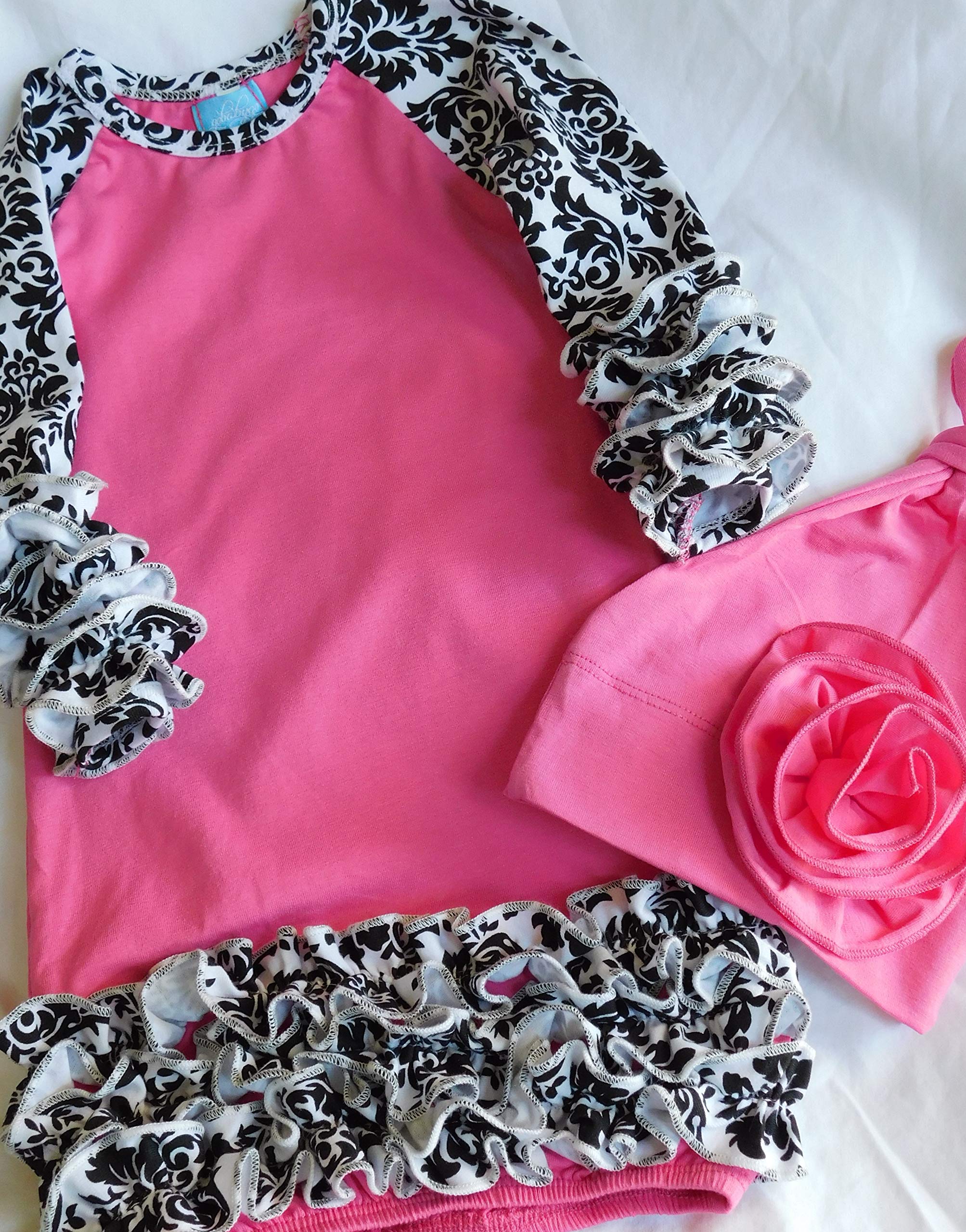 Baby Girl Clothes 0-6M - Ruffled Gown & Hat Set in Pink & Black | Newborn Photoshoot & Christening Outfit